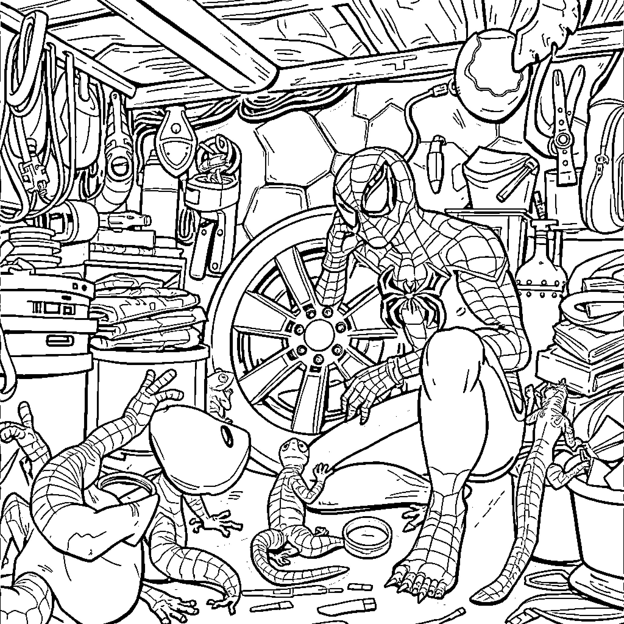 Spider-Man Exploring Cluttered Workshop with Tools and Gadgets Coloring Page (free black-and-white line drawing printable PDF for all, from beginners to advanced learners, including children, teens, adults, and seniors)