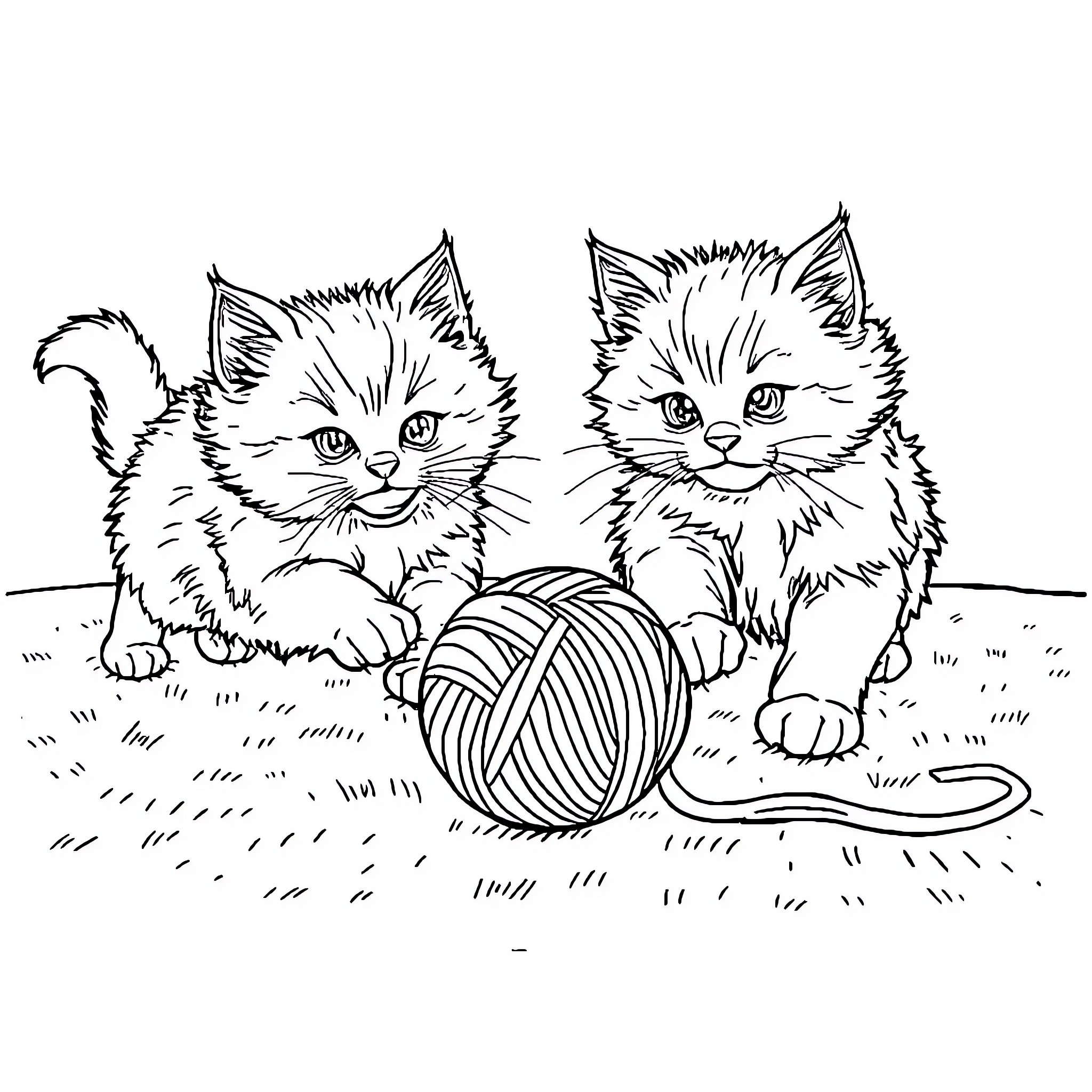 Cats Playing with Yarn Ball Coloring Page (free black-and-white line drawing printable PDF for all, from beginners to advanced learners, including children, teens, adults, and seniors)