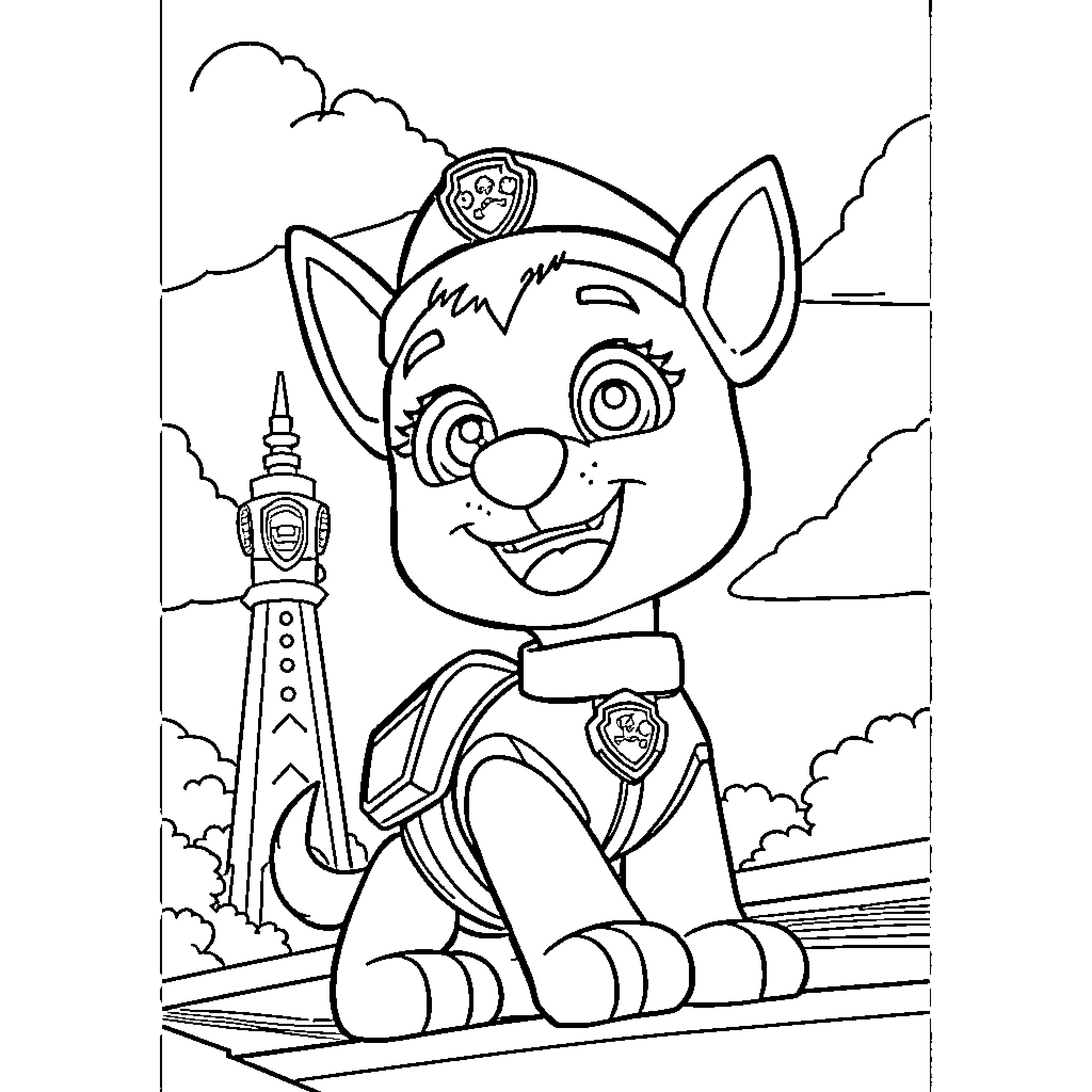 Skye the Paw Patrol Pup in Action Coloring Page (free black-and-white line drawing printable PDF for all, from beginners to advanced learners, including children, teens, adults, and seniors)