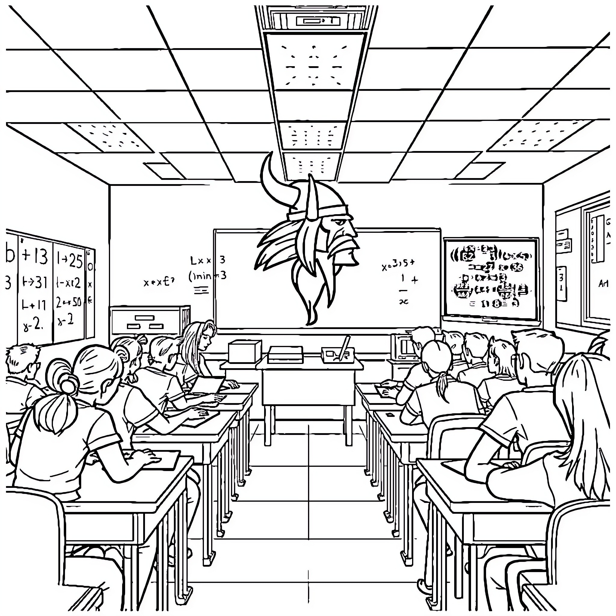 Viking-themed classroom with students working diligently Coloring Page (free black-and-white line drawing printable PDF for all, from beginners to advanced learners, including children, teens, adults, and seniors)