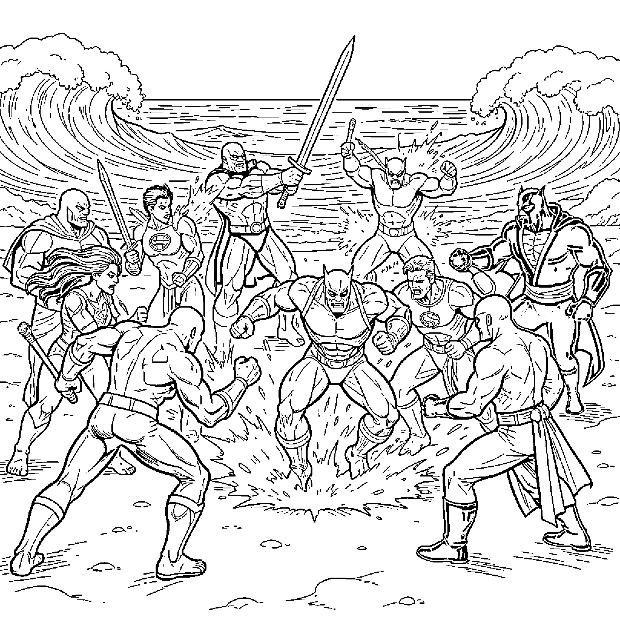 Marvel Heroes battling fiercely amidst crashing ocean waves Coloring Page (free black-and-white line drawing printable PDF for all, from beginners to advanced learners, including children, teens, adults, and seniors)