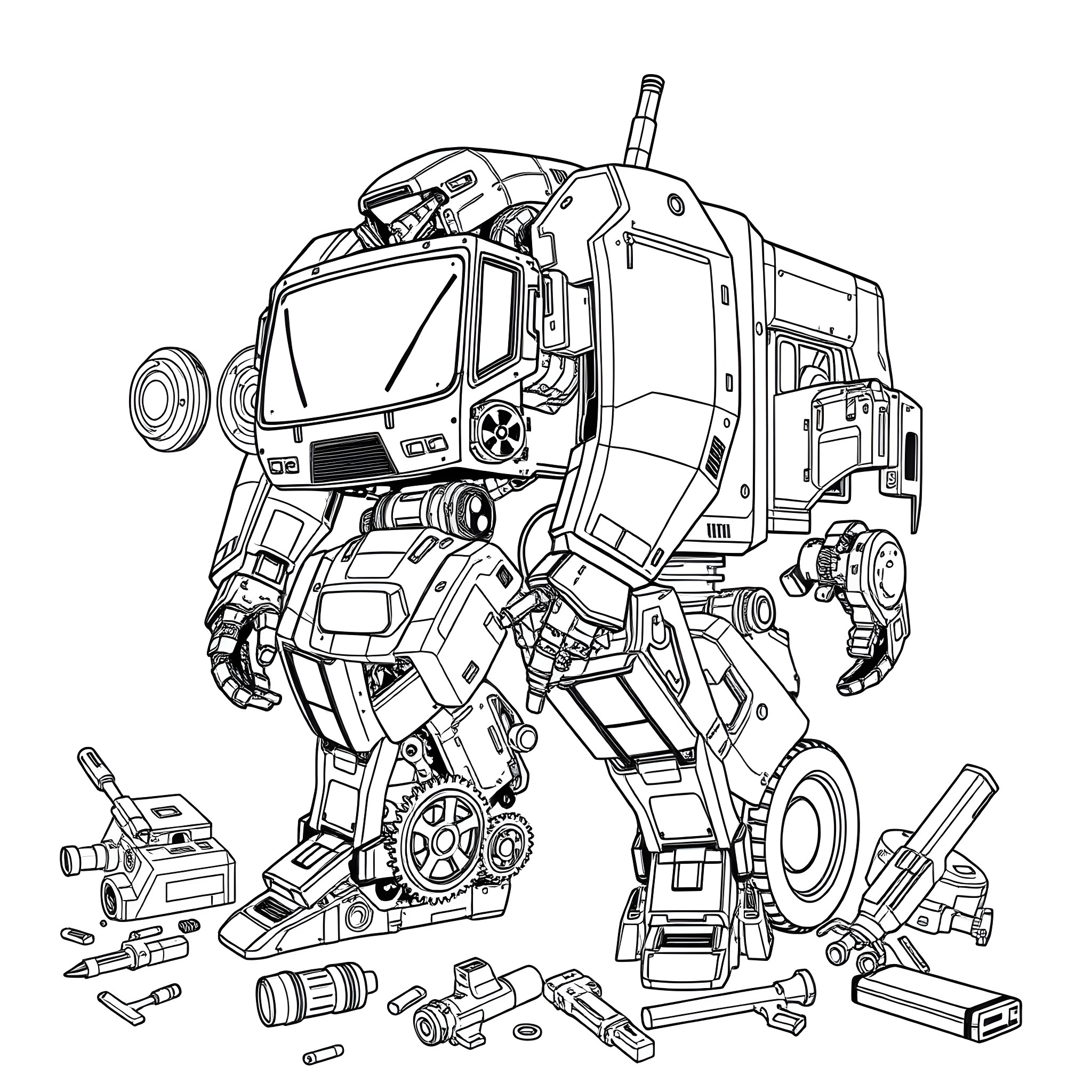 Robot Mech Disassembly and Parts Coloring Page (free black-and-white line drawing printable PDF for all, from beginners to advanced learners, including children, teens, adults, and seniors)