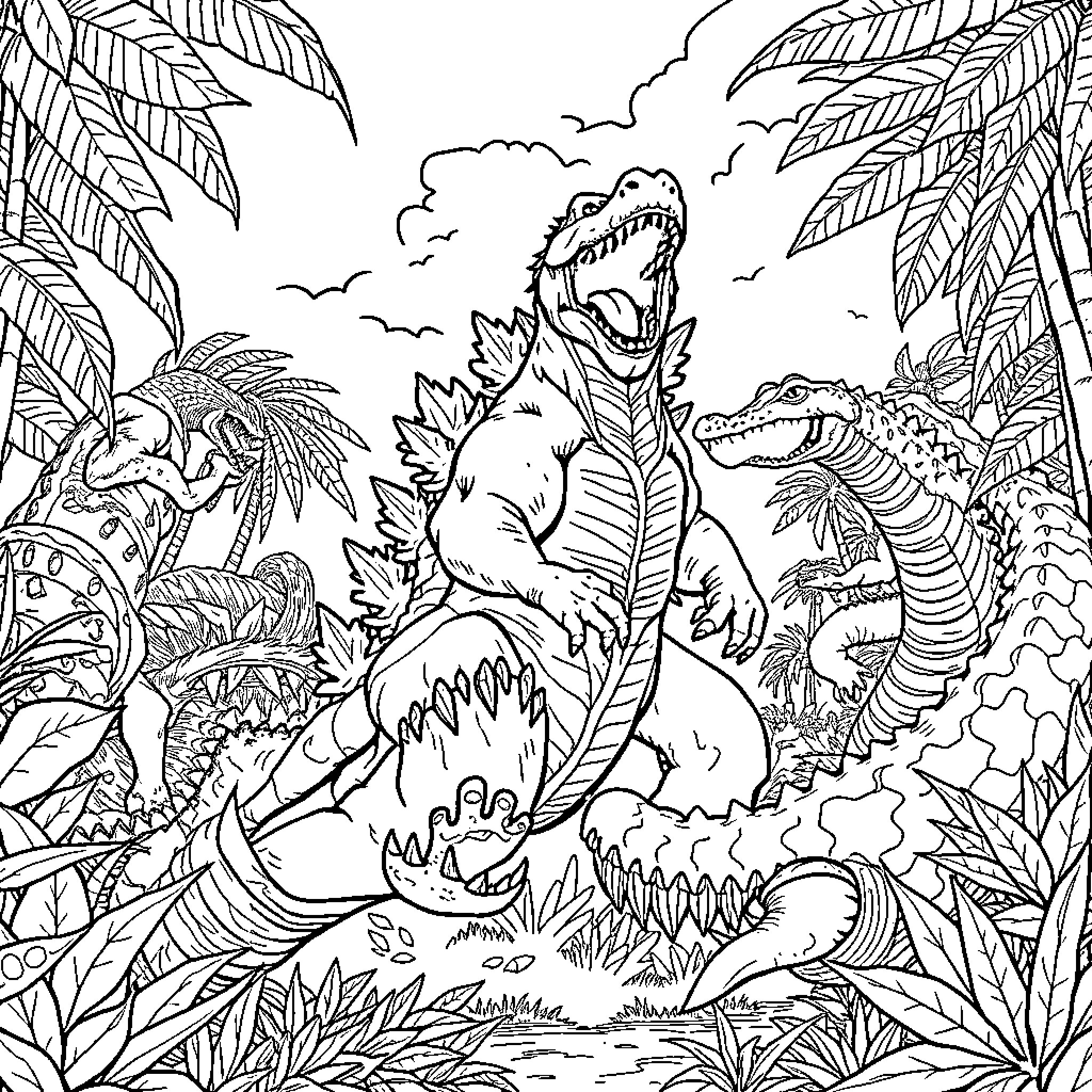 Godzilla rampaging through a tropical jungle landscape Coloring Page (free black-and-white line drawing printable PDF for all, from beginners to advanced learners, including children, teens, adults, and seniors)