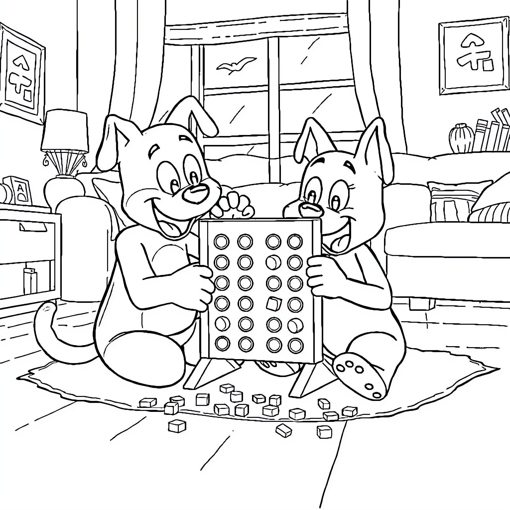 Bluey Playing with Bingo in Cozy Home Coloring Page (free black-and-white line drawing printable PDF for all, from beginners to advanced learners, including children, teens, adults, and seniors)