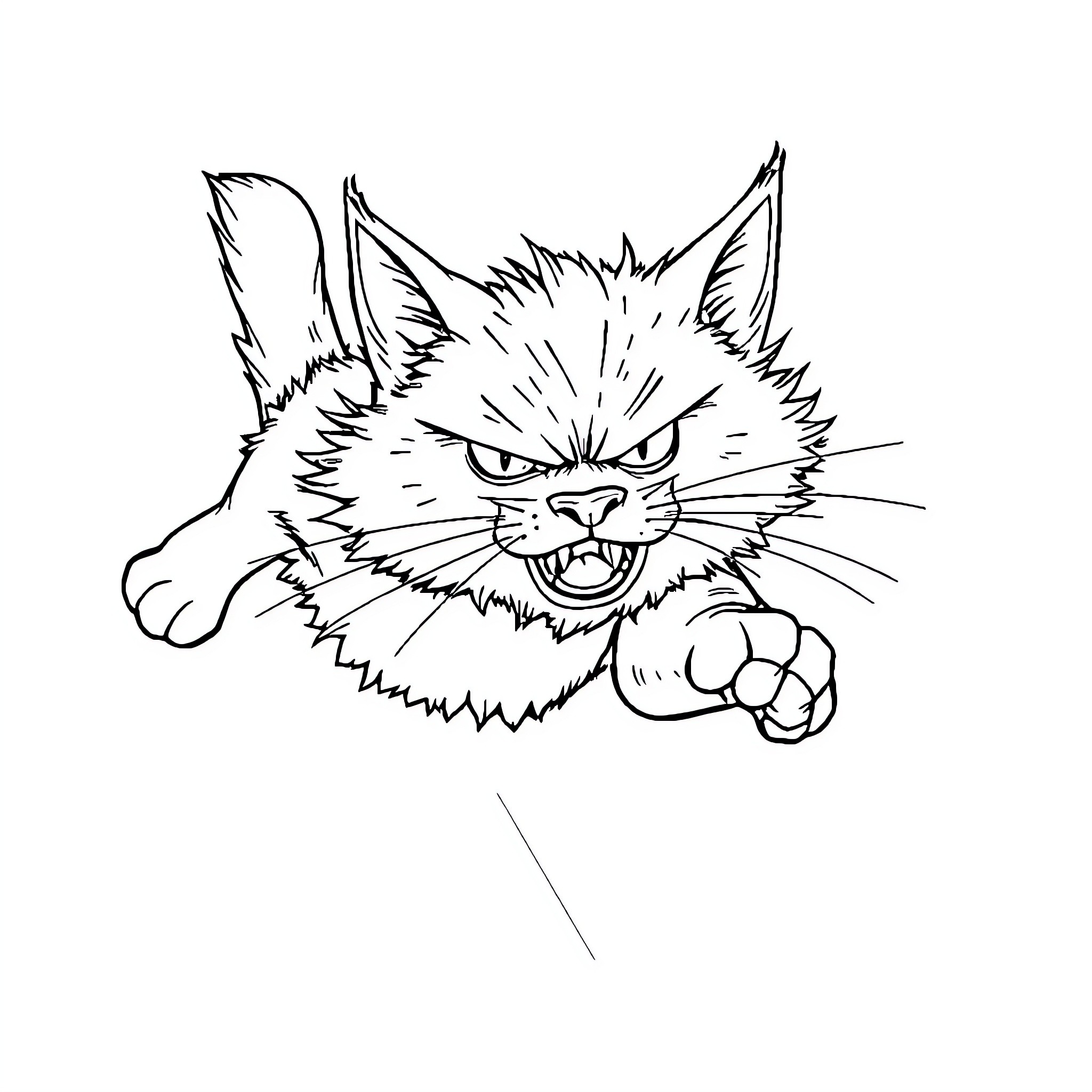 Gato Furious Feline Attacking Coloring Page (free black-and-white line drawing printable PDF for all, from beginners to advanced learners, including children, teens, adults, and seniors)