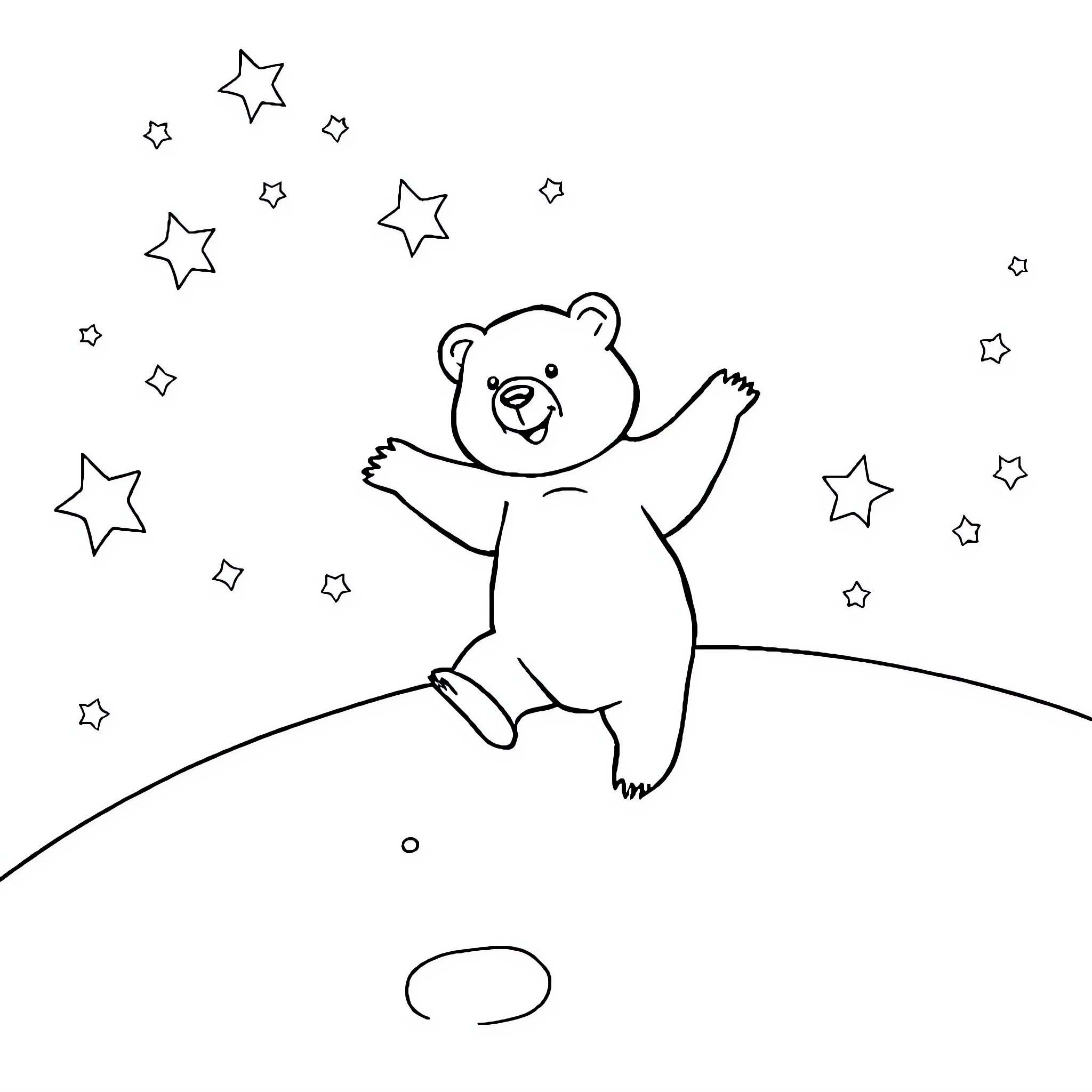 Bear playing among the stars Coloring Page (free black-and-white line drawing printable PDF for all, from beginners to advanced learners, including children, teens, adults, and seniors)