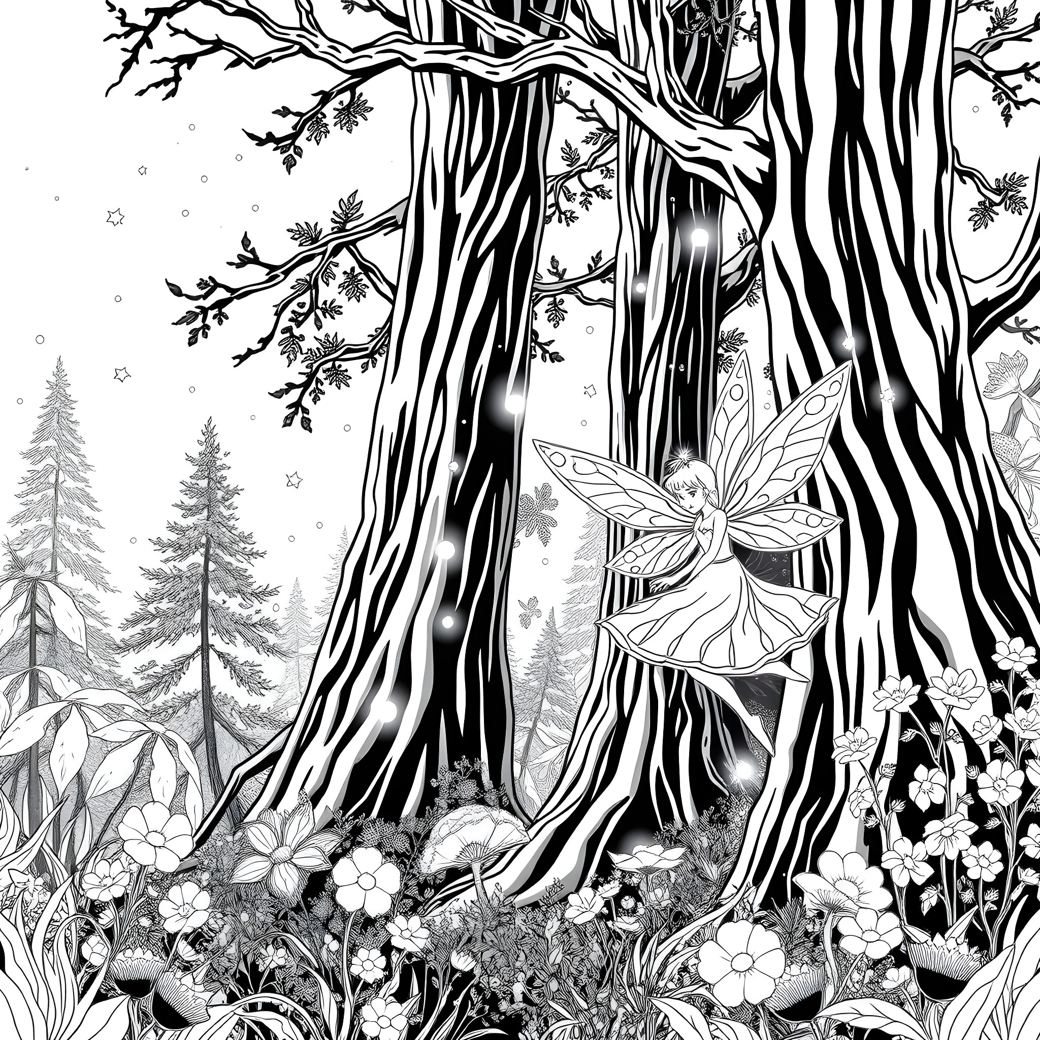 Fairy Enchanting Forest Scenery Coloring Page (free black-and-white line drawing printable PDF for all, from beginners to advanced learners, including children, teens, adults, and seniors)