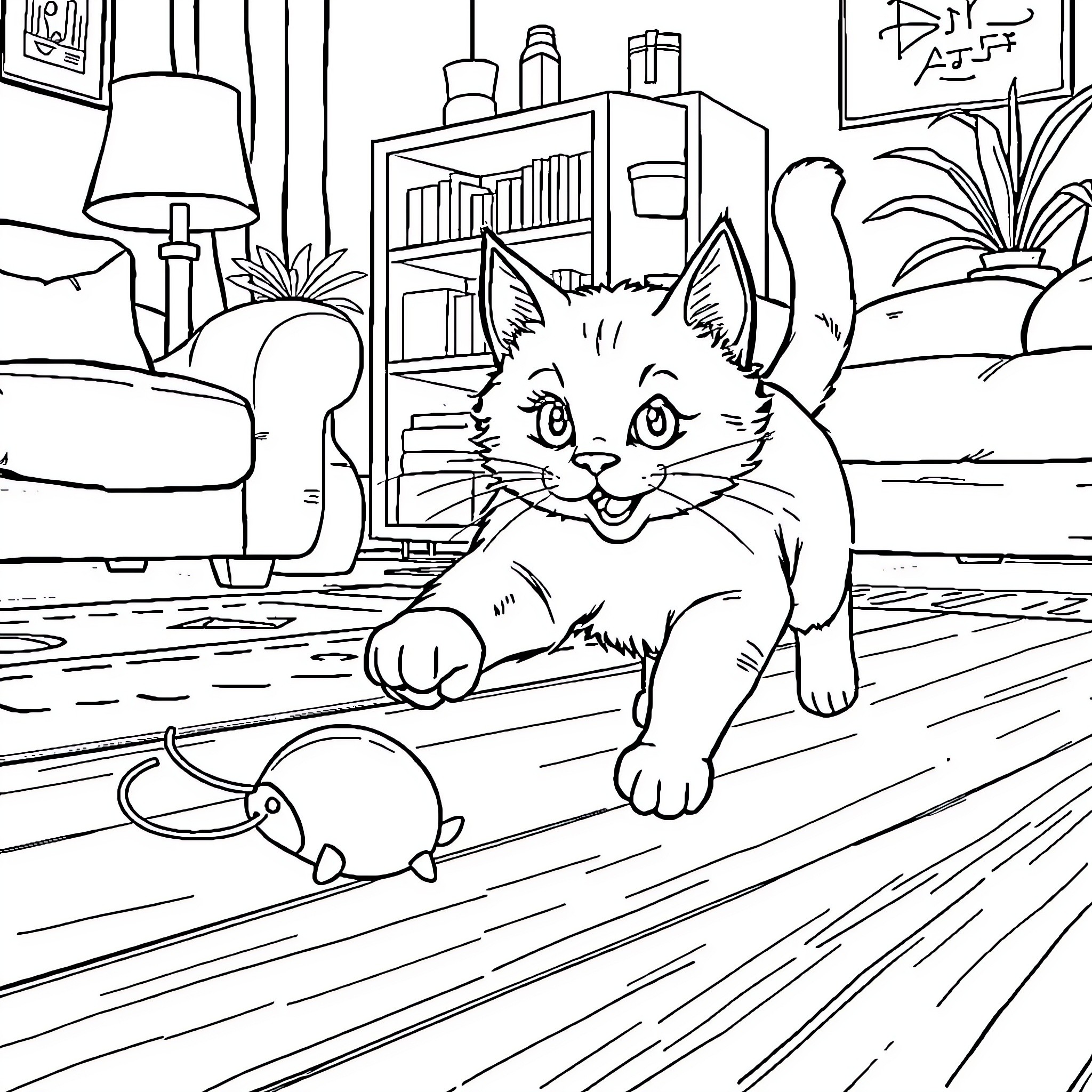 Cat playing with toy in cozy home Coloring Page (free black-and-white line drawing printable PDF for all, from beginners to advanced learners, including children, teens, adults, and seniors)