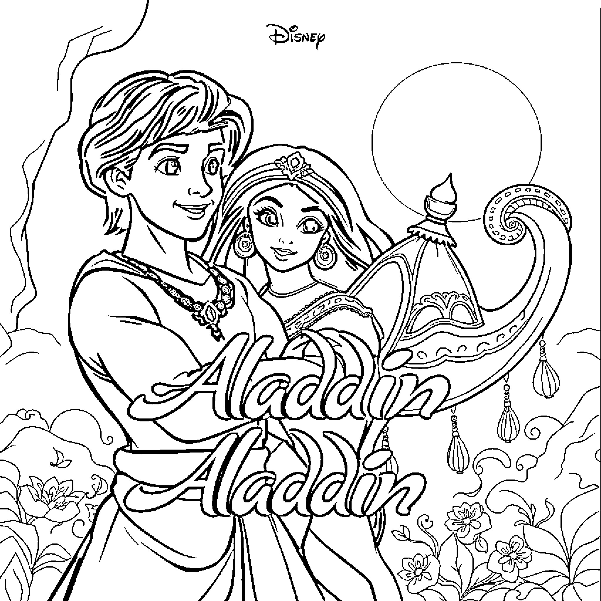 Aladdin and Jasmine in magical Arabian setting Coloring Page (free black-and-white line drawing printable PDF for all, from beginners to advanced learners, including children, teens, adults, and seniors)
