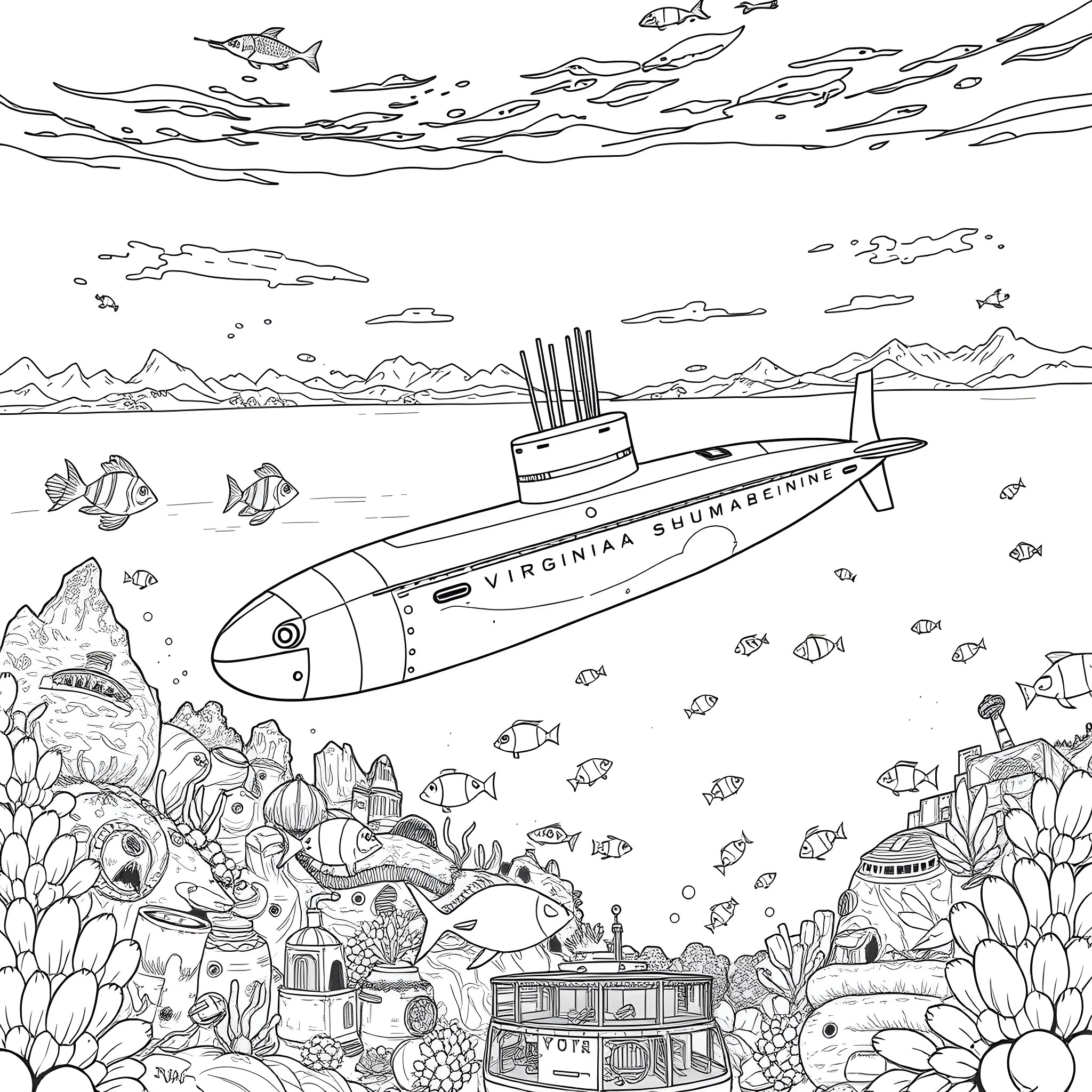Submarine exploring the vibrant underwater world Coloring Page (free black-and-white line drawing printable PDF for all, from beginners to advanced learners, including children, teens, adults, and seniors)