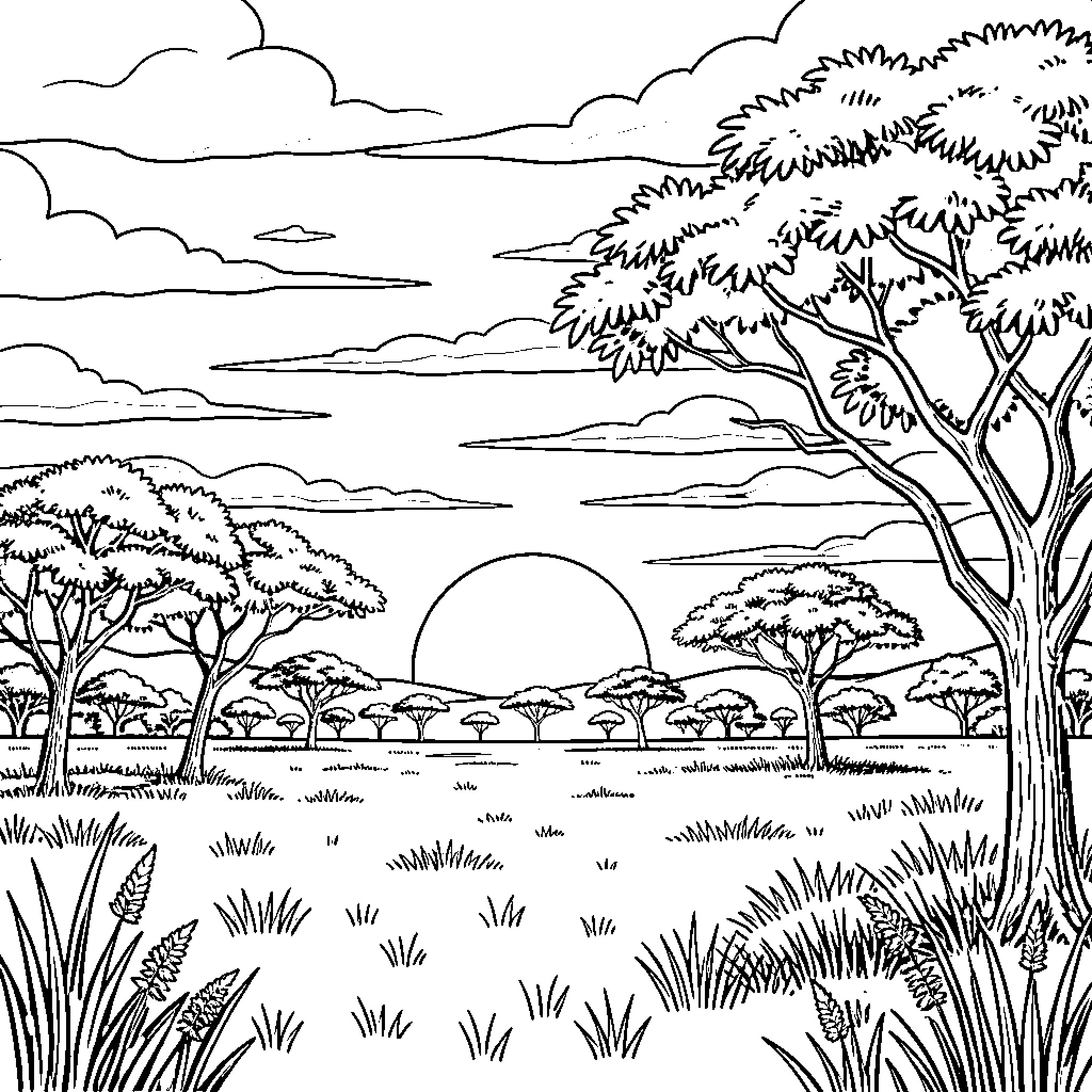 Sun shines over serene African landscape Coloring Page (free black-and-white line drawing printable PDF for all, from beginners to advanced learners, including children, teens, adults, and seniors)