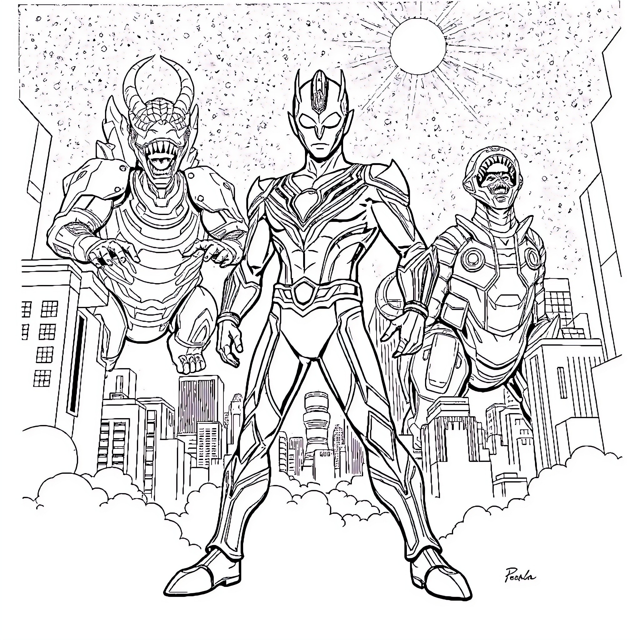Ultraman heroes saving the city from evil Coloring Page (free black-and-white line drawing printable PDF for all, from beginners to advanced learners, including children, teens, adults, and seniors)