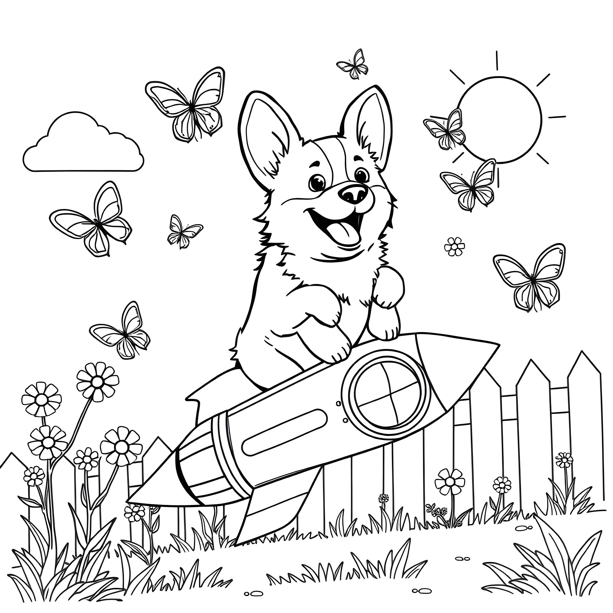 Corgi riding a rocket through the park Coloring Page (free black-and-white line drawing printable PDF for all, from beginners to advanced learners, including children, teens, adults, and seniors)