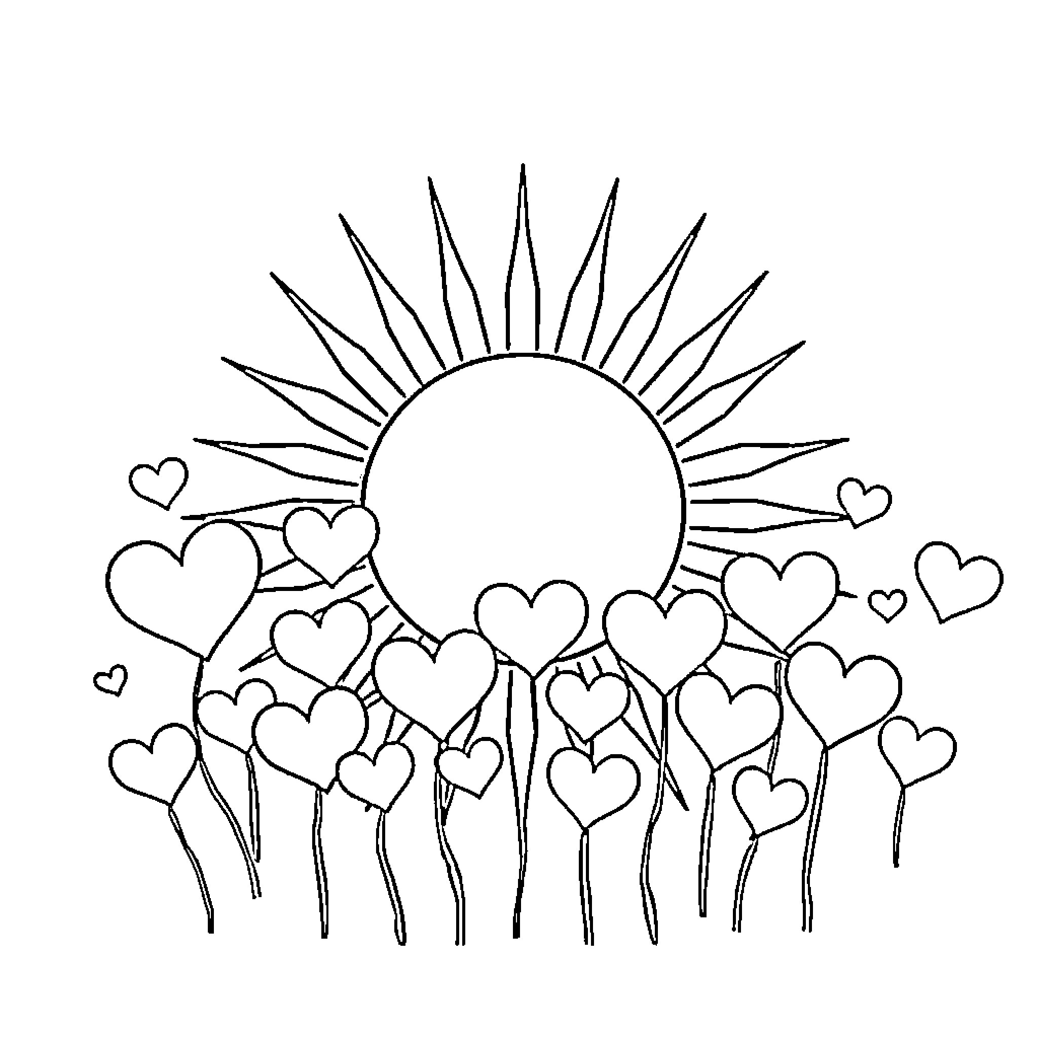 Sun shining on blooming hearts Coloring Page (free black-and-white line drawing printable PDF for all, from beginners to advanced learners, including children, teens, adults, and seniors)