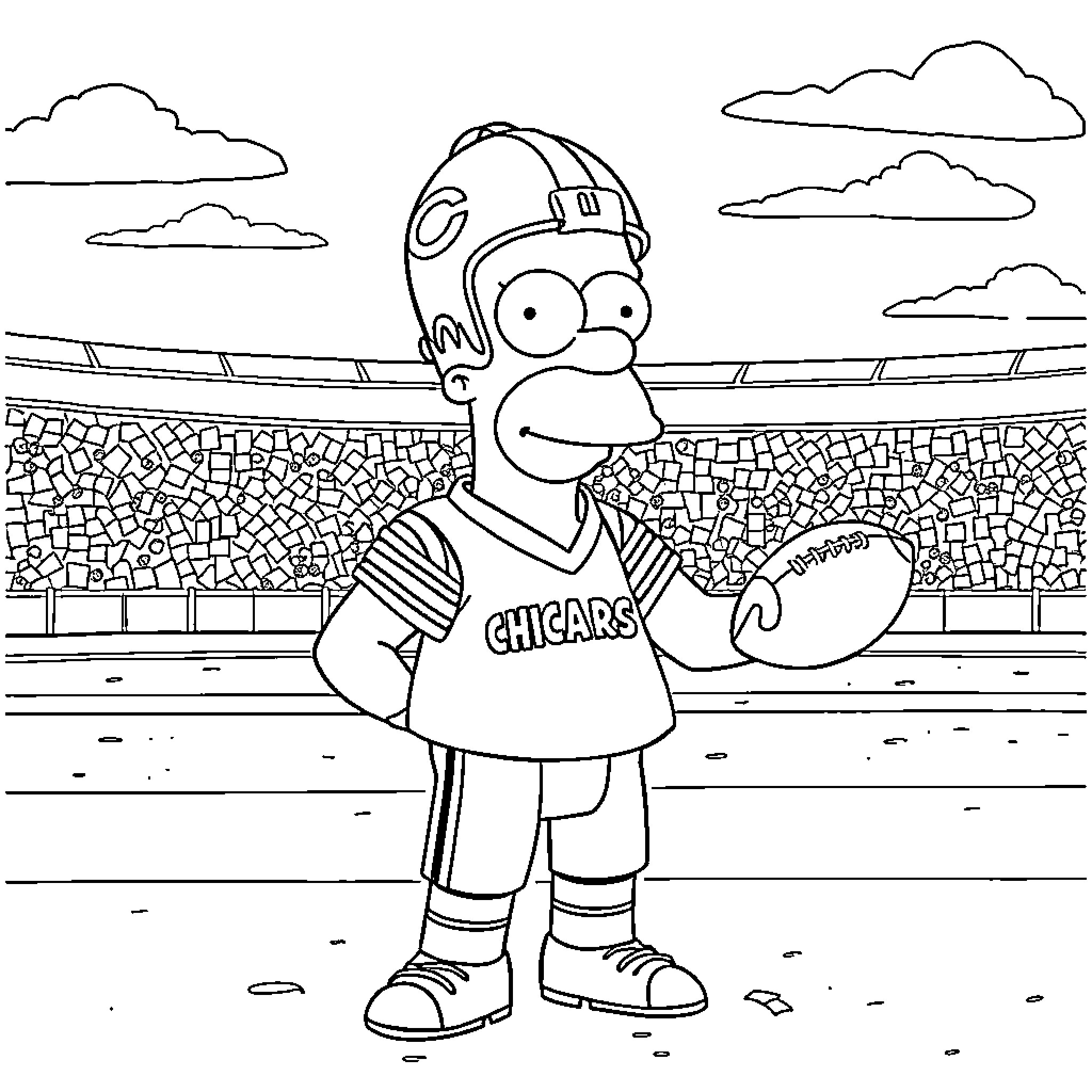 Homer Simpson playing baseball in the stadium Coloring Page (free black-and-white line drawing printable PDF for all, from beginners to advanced learners, including children, teens, adults, and seniors)