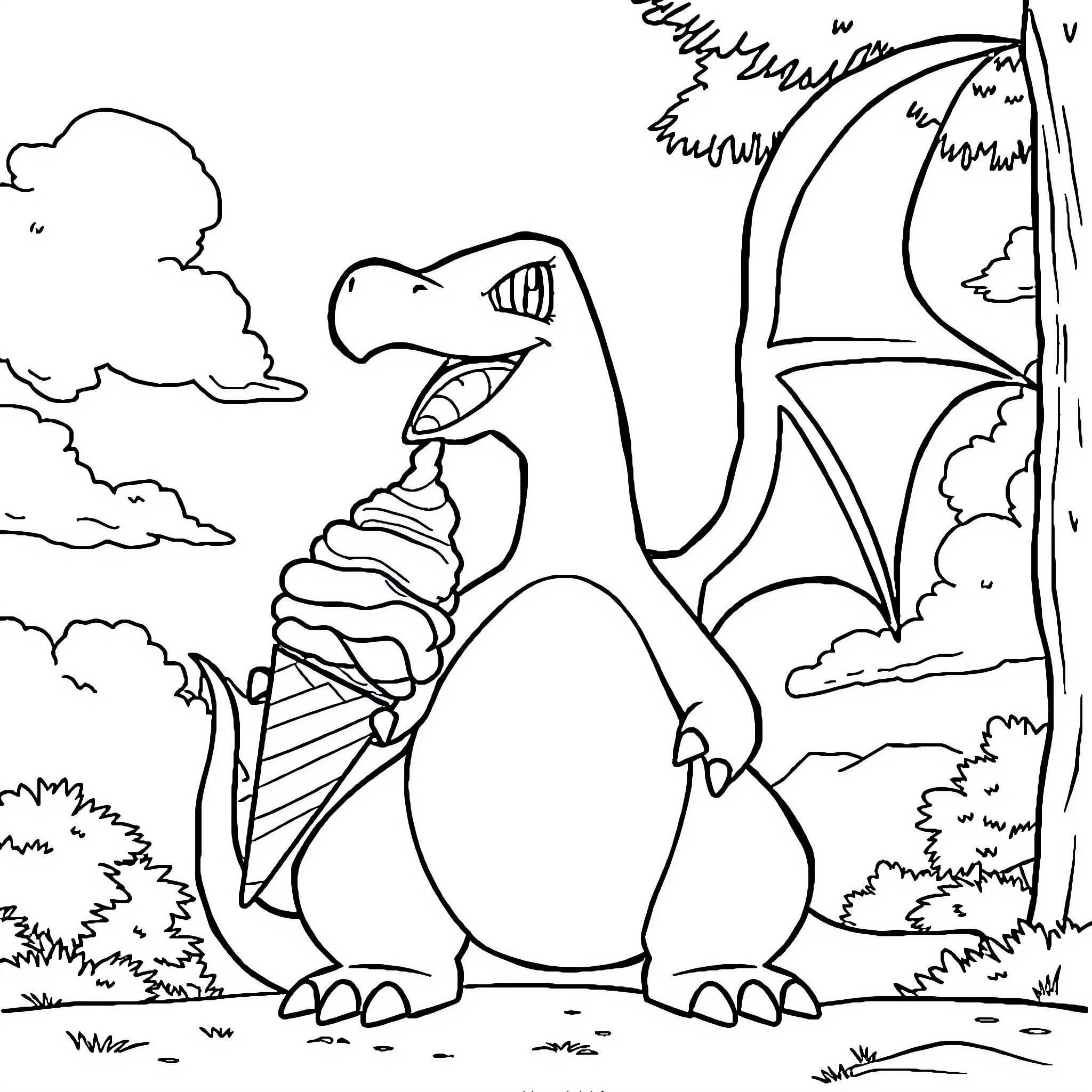 Charizard in a fantastical outdoor scene Coloring Page (free black-and-white line drawing printable PDF for all, from beginners to advanced learners, including children, teens, adults, and seniors)