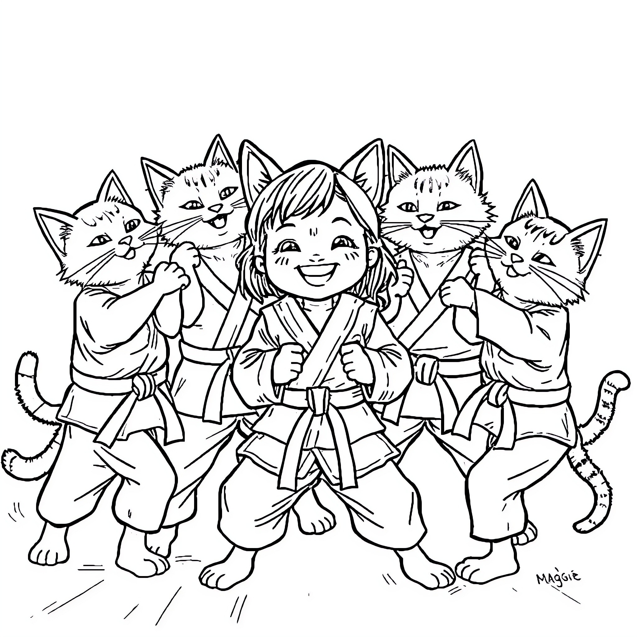 Cat ninjas in training with young human martial artist Coloring Page (free black-and-white line drawing printable PDF for all, from beginners to advanced learners, including children, teens, adults, and seniors)