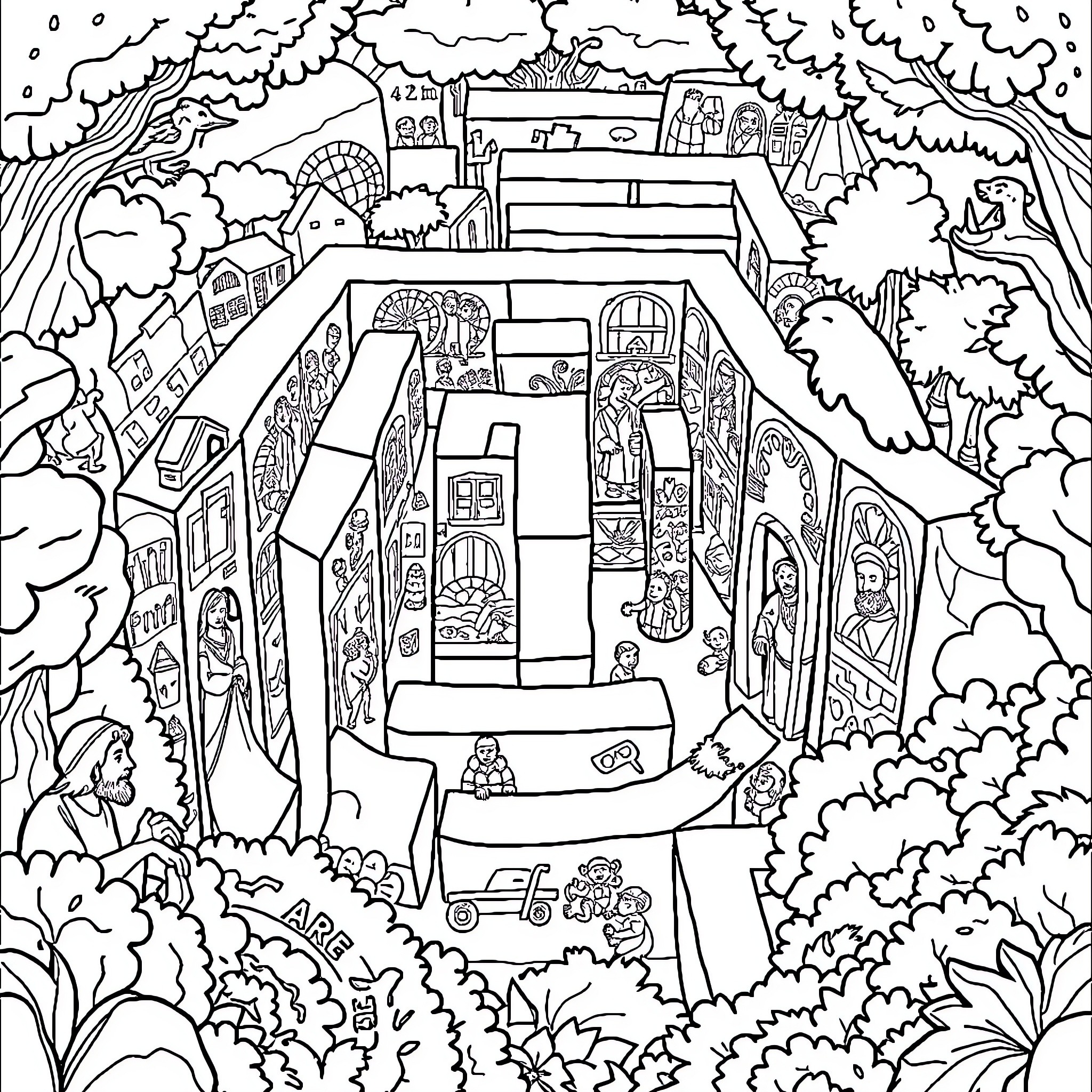 Bible Scenes Depicted in Intricate Illustration Coloring Page (free black-and-white line drawing printable PDF for all, from beginners to advanced learners, including children, teens, adults, and seniors)