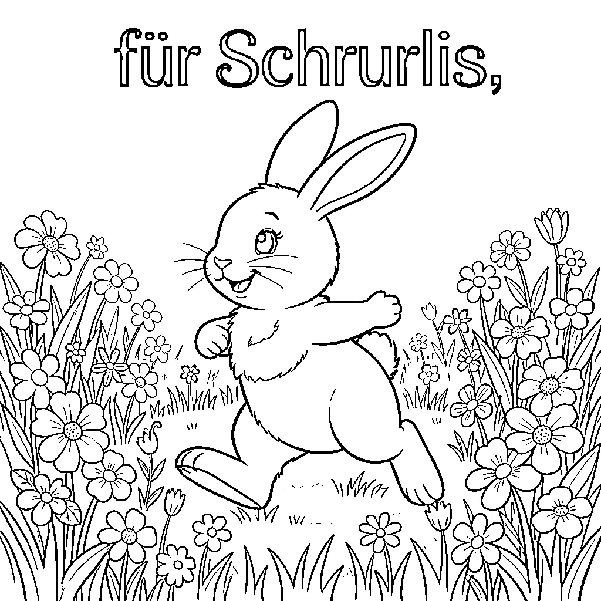 Easter Bunny playing in a floral meadow Coloring Page (free black-and-white line drawing printable PDF for all, from beginners to advanced learners, including children, teens, adults, and seniors)