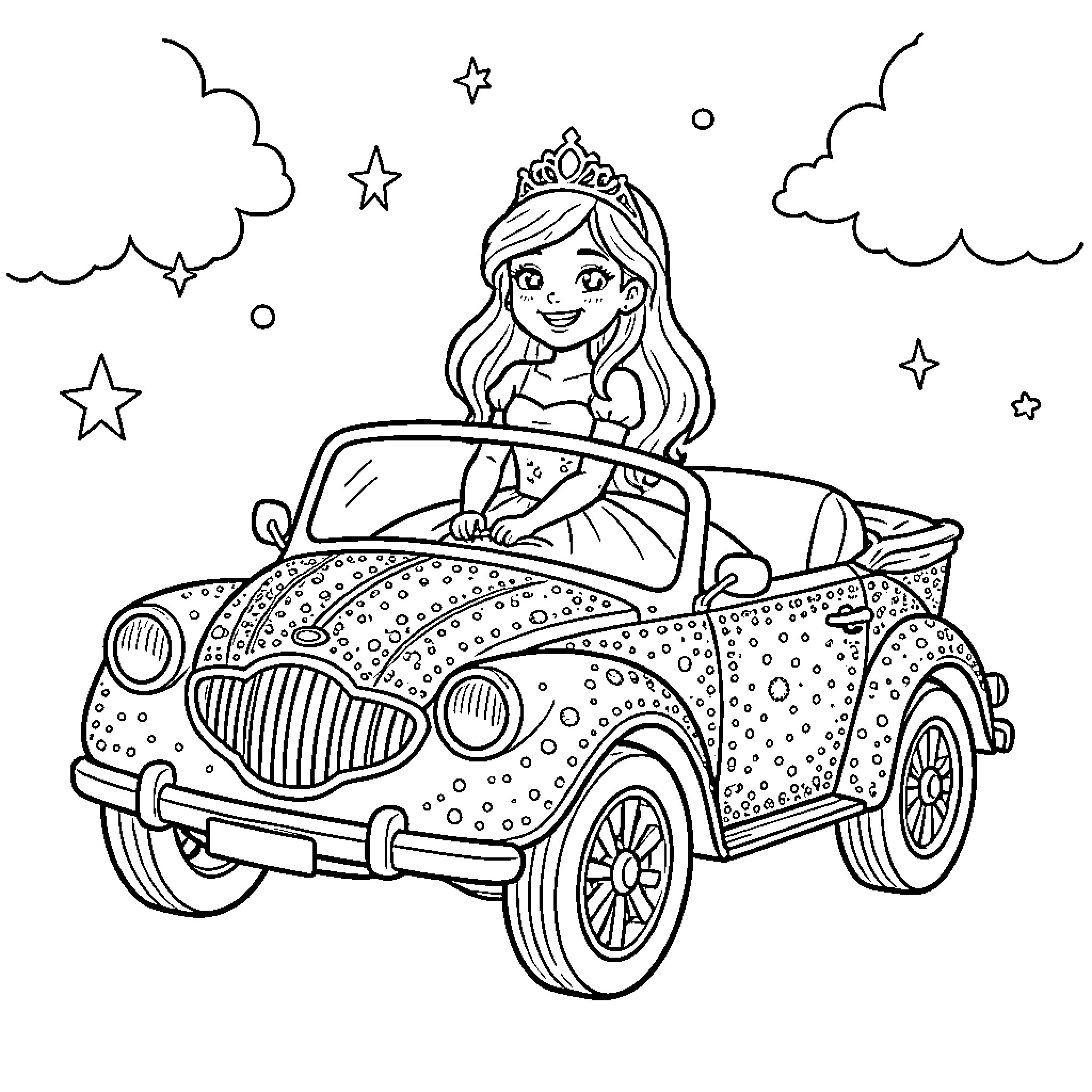 Princess Driving a Sparkling Vintage Car Coloring Page (free black-and-white line drawing printable PDF for all, from beginners to advanced learners, including children, teens, adults, and seniors)