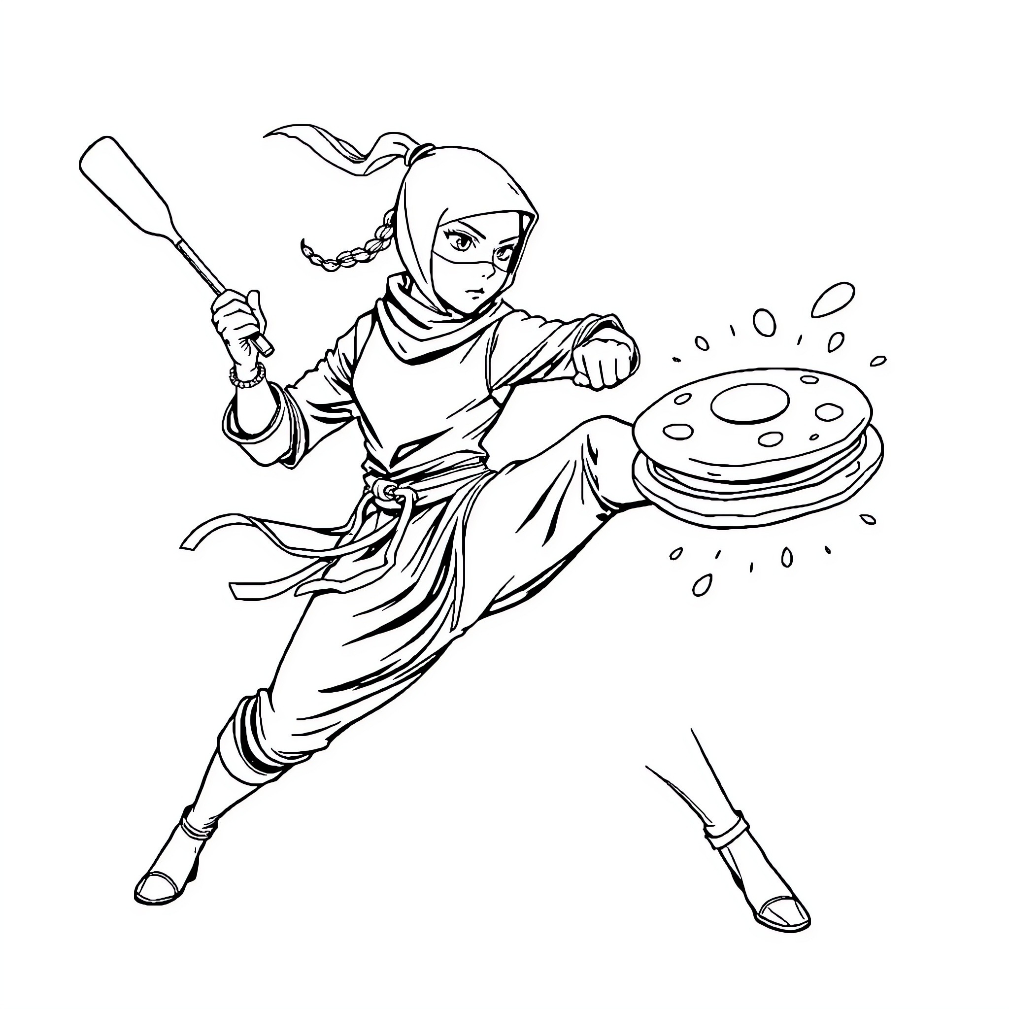 Ninja warrior throwing shuriken stars Coloring Page (free black-and-white line drawing printable PDF for all, from beginners to advanced learners, including children, teens, adults, and seniors)