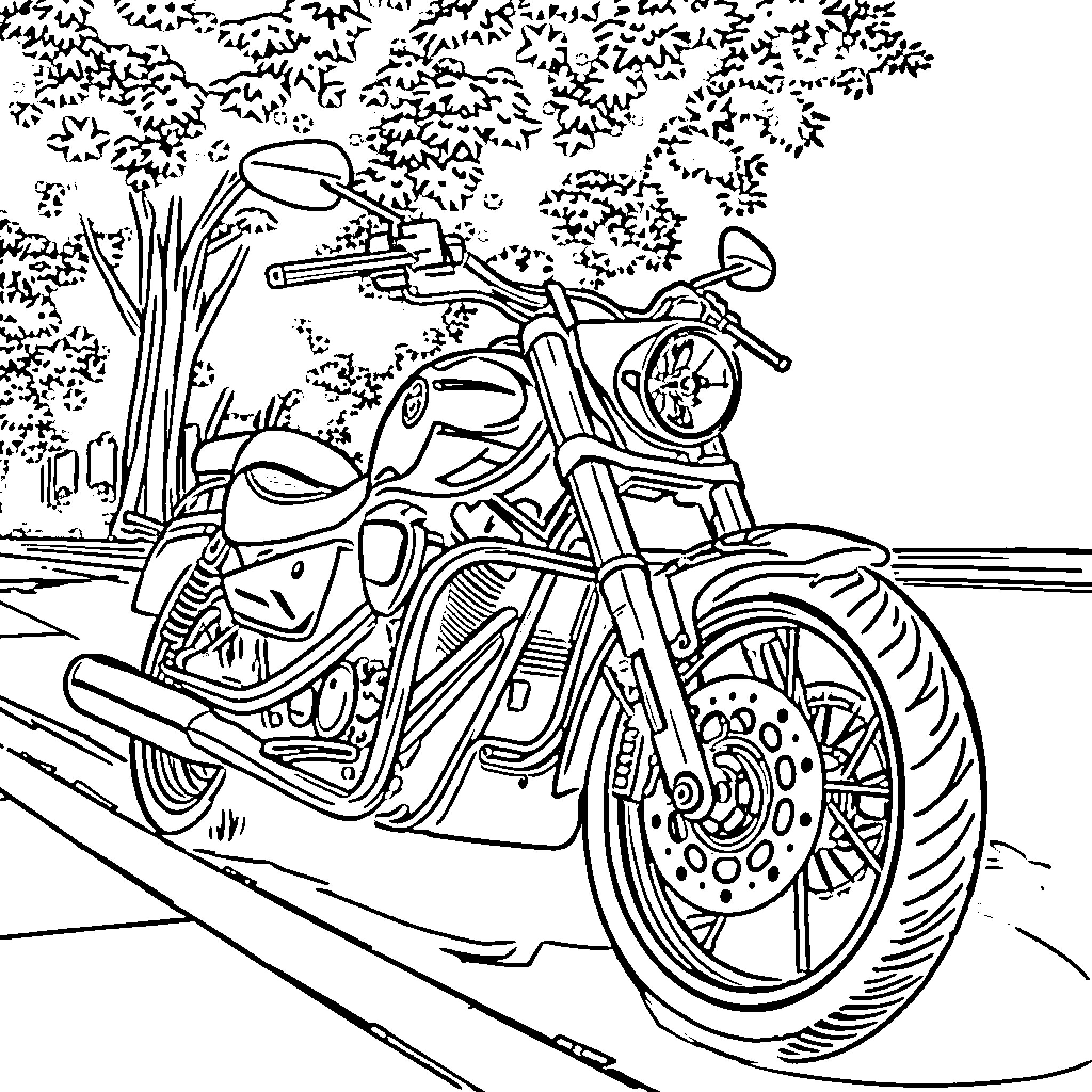 Motorcycle speeding through nature's scenery Coloring Page (free black-and-white line drawing printable PDF for all, from beginners to advanced learners, including children, teens, adults, and seniors)