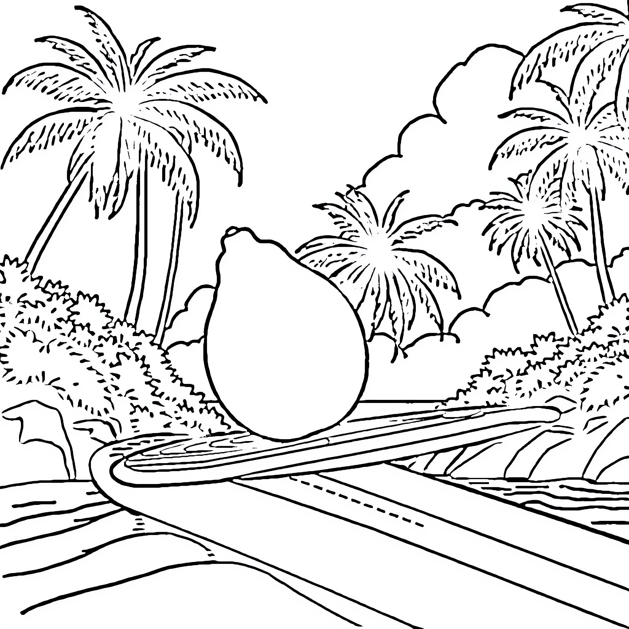 Lemon on a tropical beach with palm trees Coloring Page (free black-and-white line drawing printable PDF for all, from beginners to advanced learners, including children, teens, adults, and seniors)