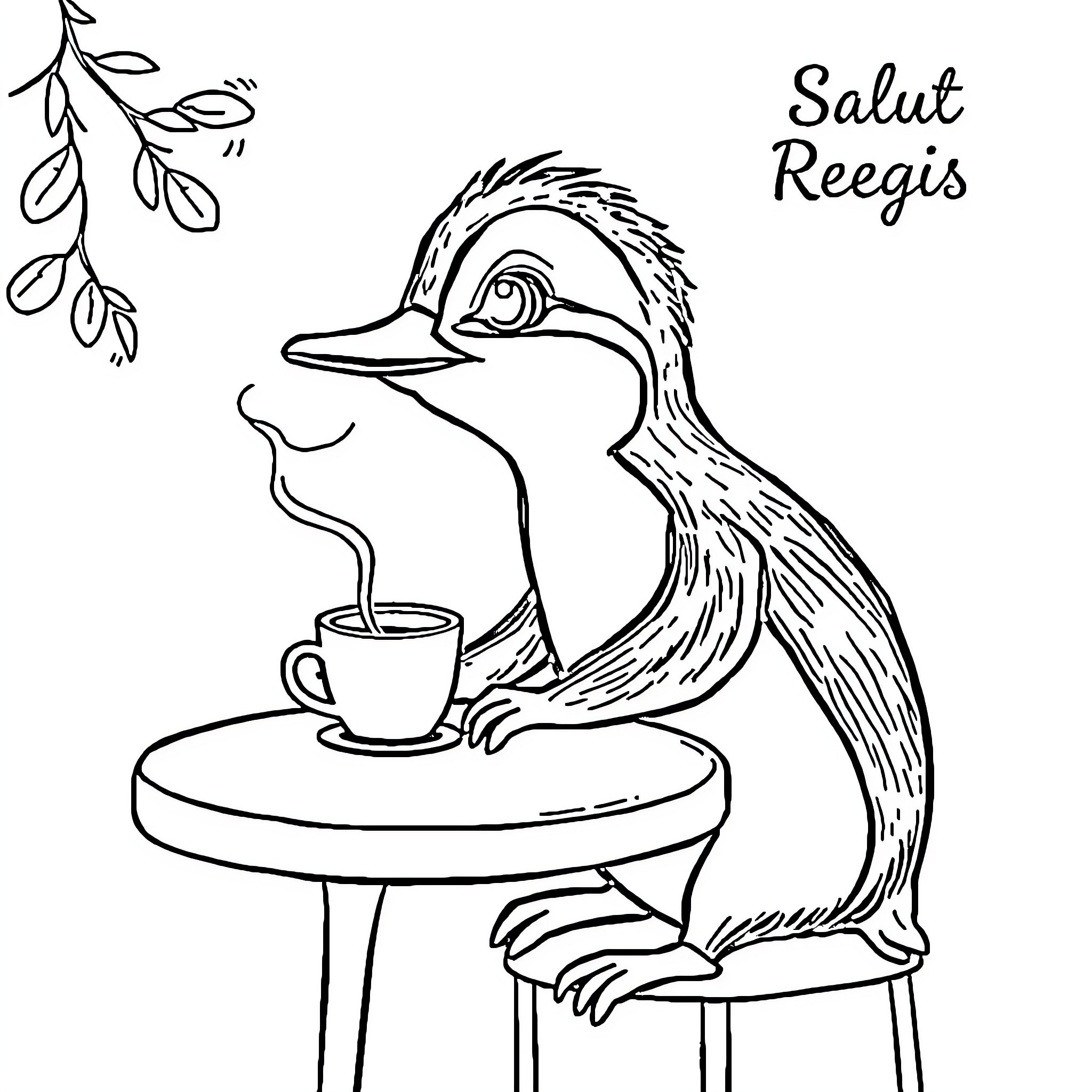 Penguin enjoying a cozy cup of coffee Coloring Page (free black-and-white line drawing printable PDF for all, from beginners to advanced learners, including children, teens, adults, and seniors)