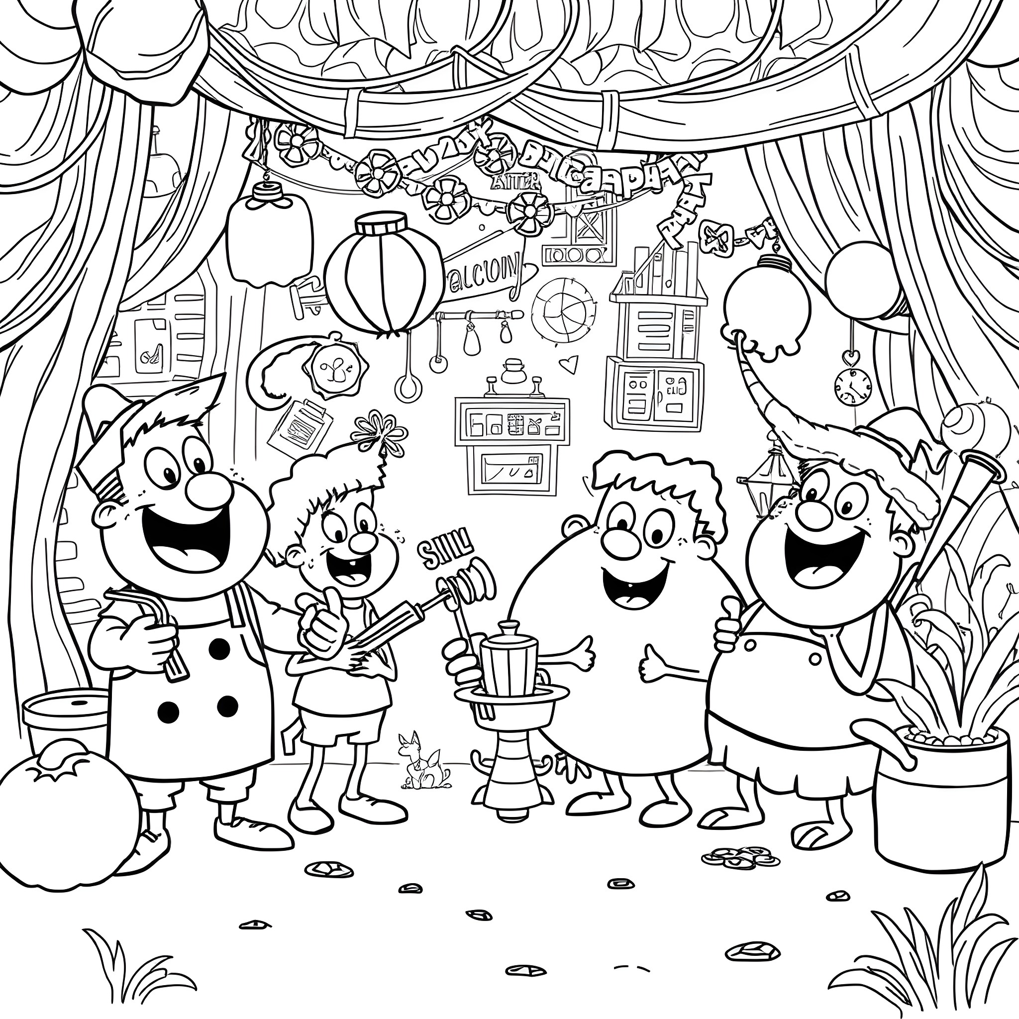 Funny Cartoon Characters Celebrating in a Festive Setting Coloring Page (free black-and-white line drawing printable PDF for all, from beginners to advanced learners, including children, teens, adults, and seniors)