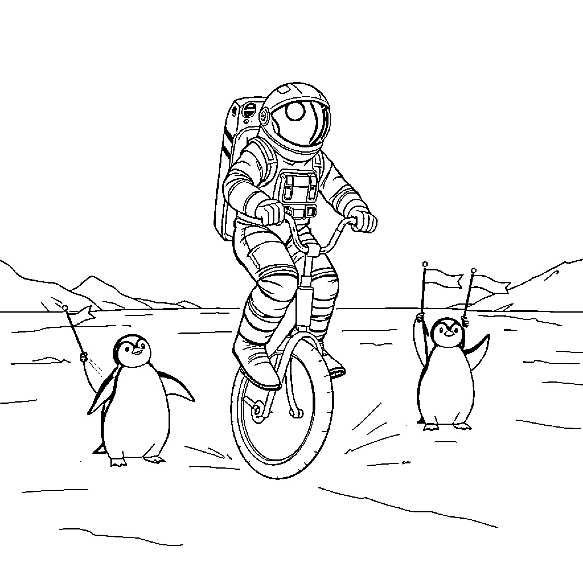 Astronaut exploring icy landscape with penguin companions Coloring Page (free black-and-white line drawing printable PDF for all, from beginners to advanced learners, including children, teens, adults, and seniors)