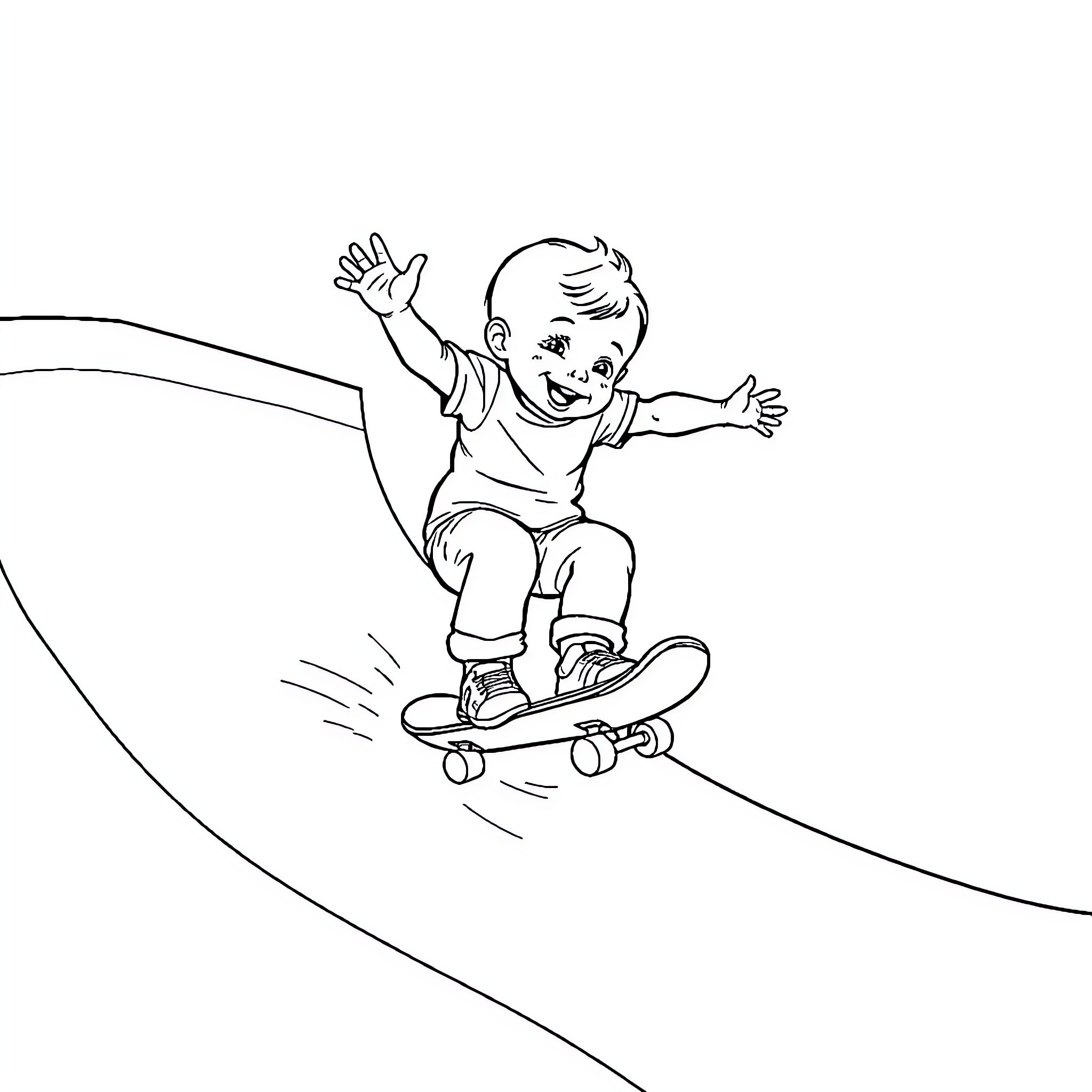 Baby Skateboarding with Excitement Coloring Page (free black-and-white line drawing printable PDF for all, from beginners to advanced learners, including children, teens, adults, and seniors)