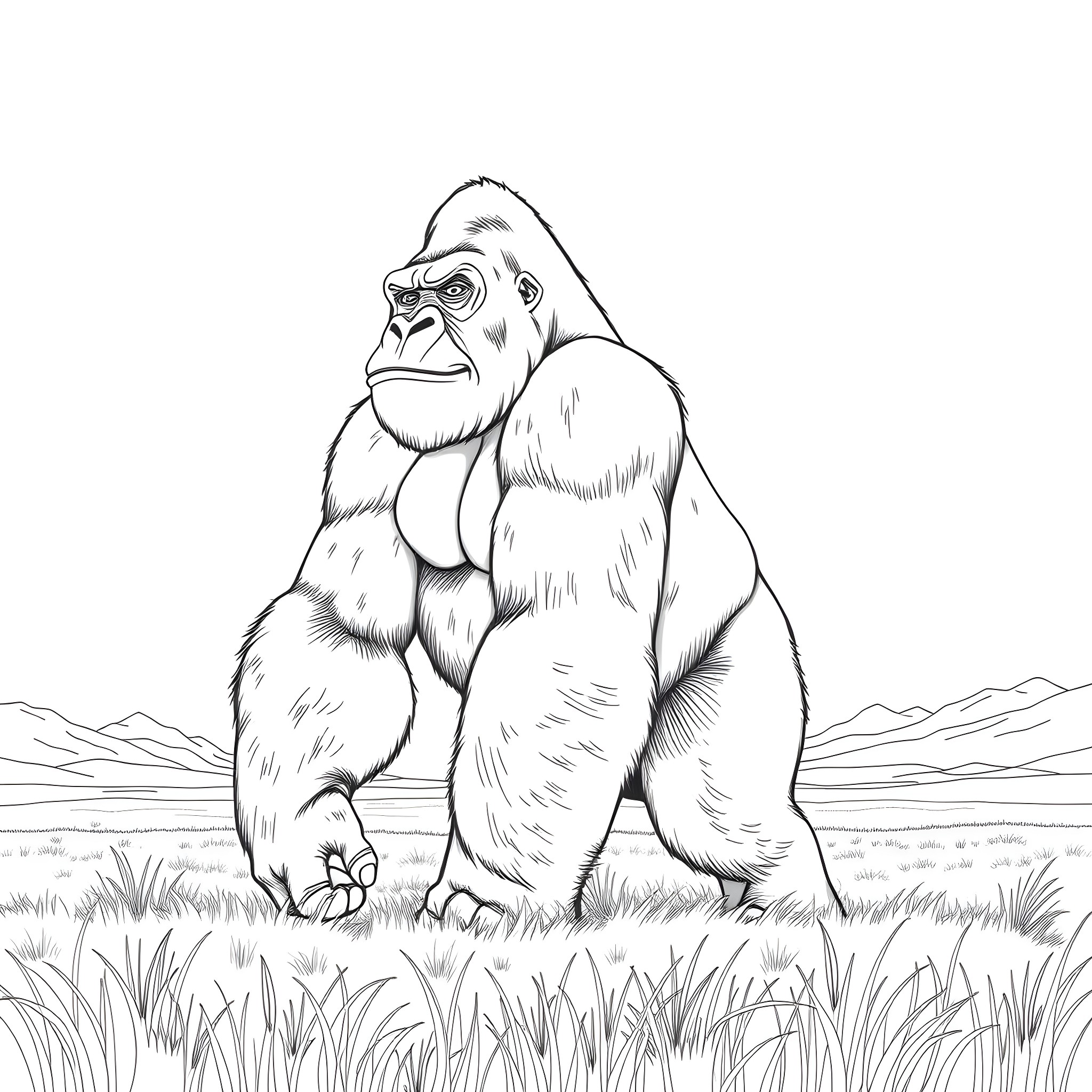Gorilla standing strong in the wild Coloring Page (free black-and-white line drawing printable PDF for all, from beginners to advanced learners, including children, teens, adults, and seniors)