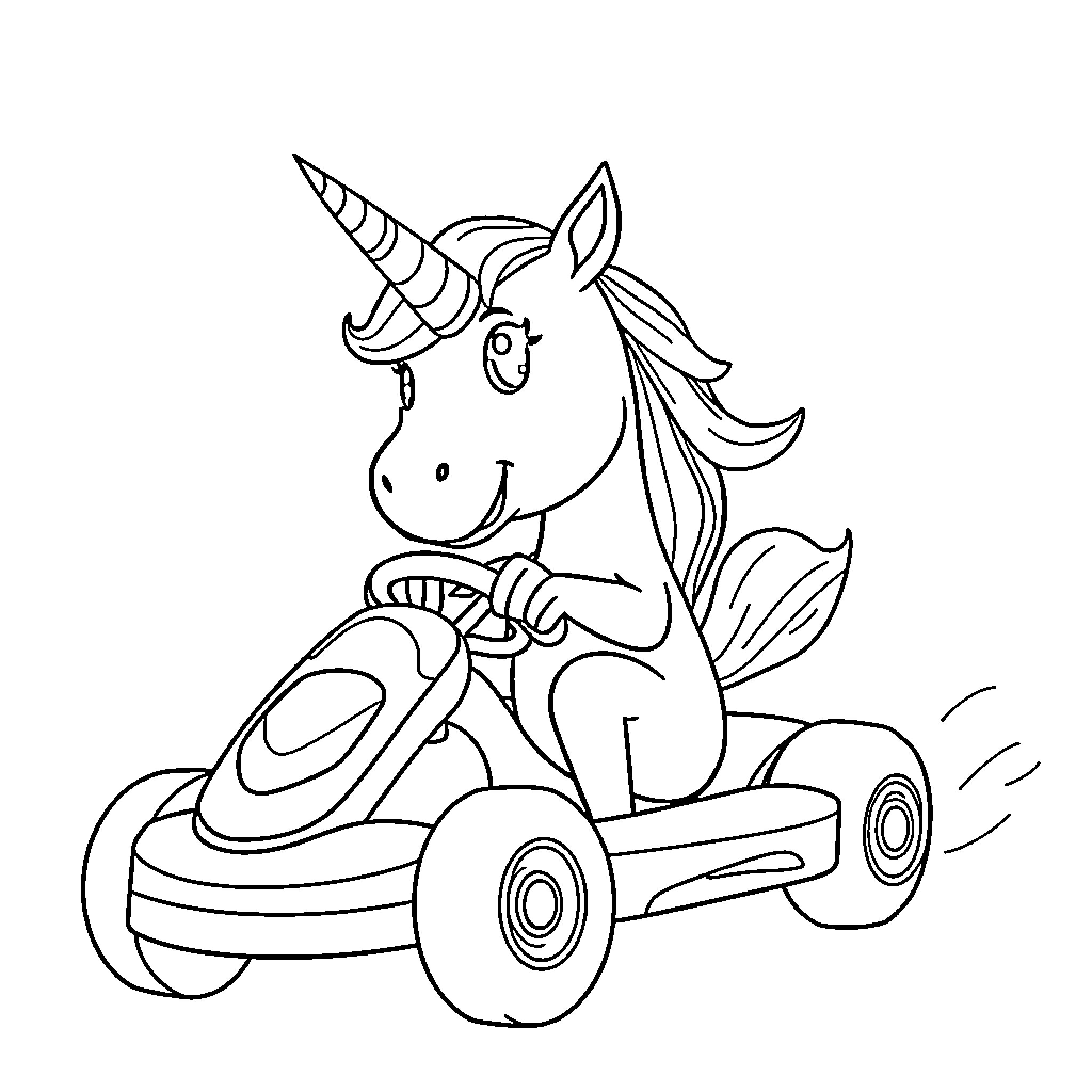 Unicorn driving a racing car Coloring Page (free black-and-white line drawing printable PDF for all, from beginners to advanced learners, including children, teens, adults, and seniors)
