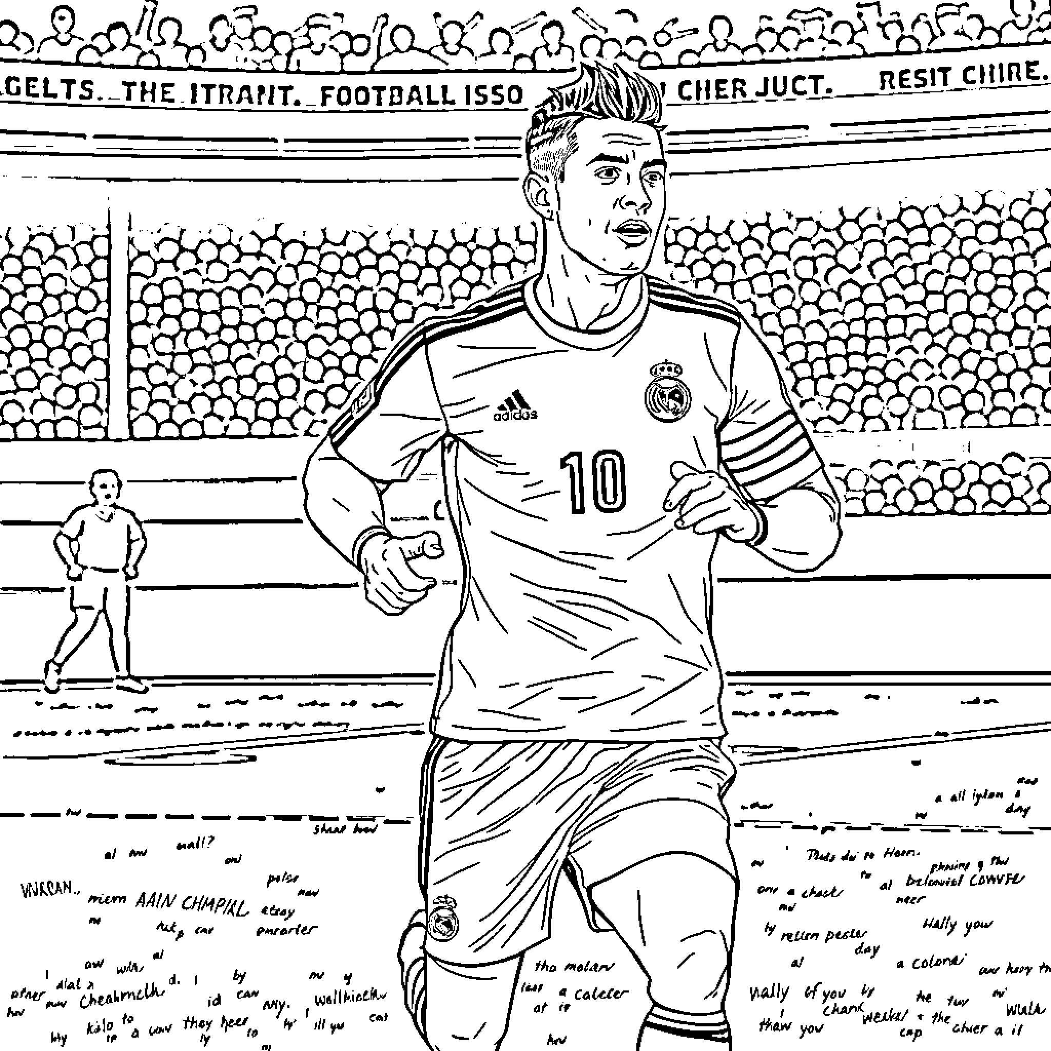 Ronaldo in action on the football pitch Coloring Page (free black-and-white line drawing printable PDF for all, from beginners to advanced learners, including children, teens, adults, and seniors)