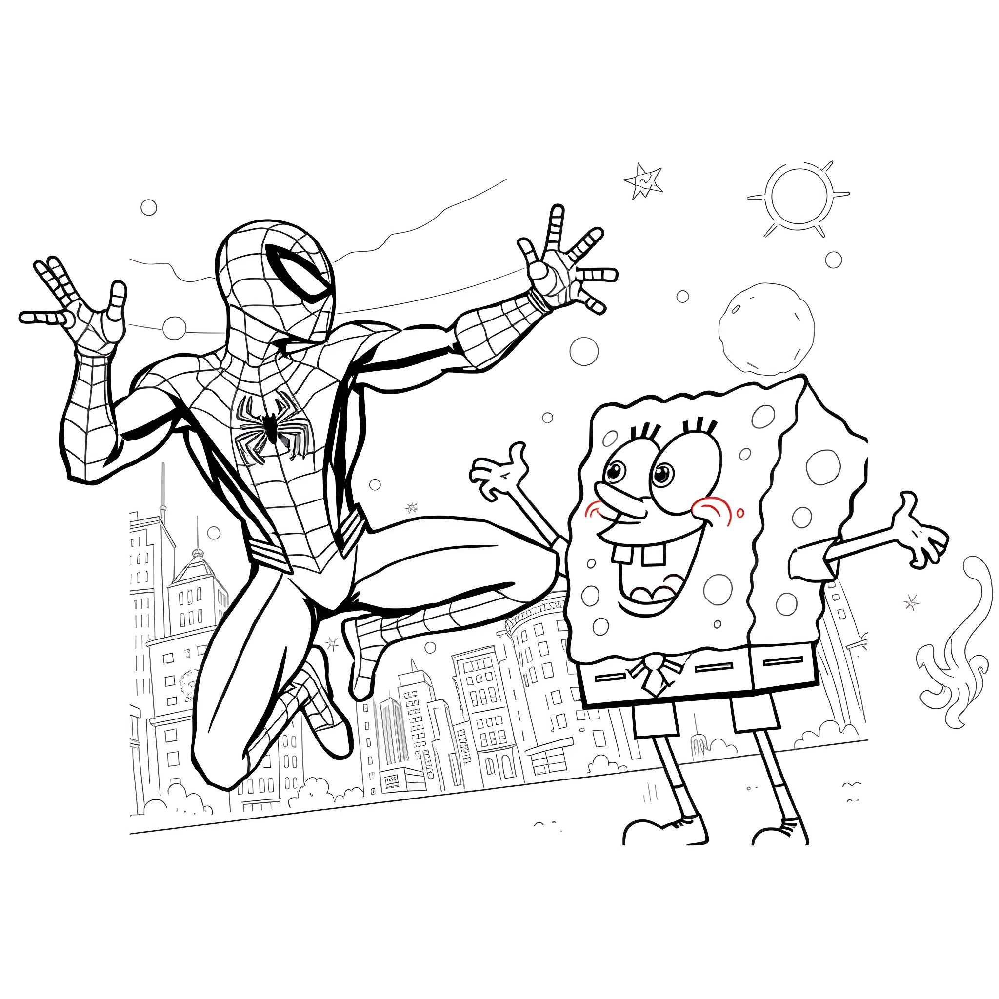 Spiderman heroically poses with SpongeBob in the city Coloring Page (free black-and-white line drawing printable PDF for all, from beginners to advanced learners, including children, teens, adults, and seniors)