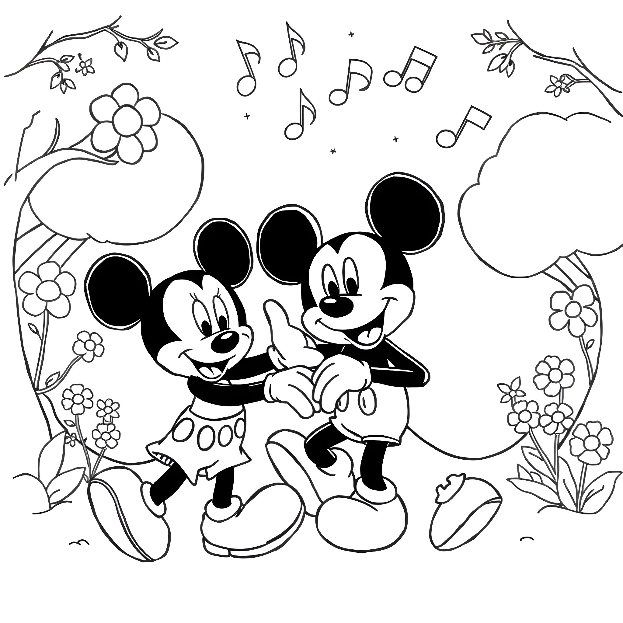 Mickey Mouse and Minnie Mouse dancing together in a floral garden Coloring Page (free black-and-white line drawing printable PDF for all, from beginners to advanced learners, including children, teens, adults, and seniors)