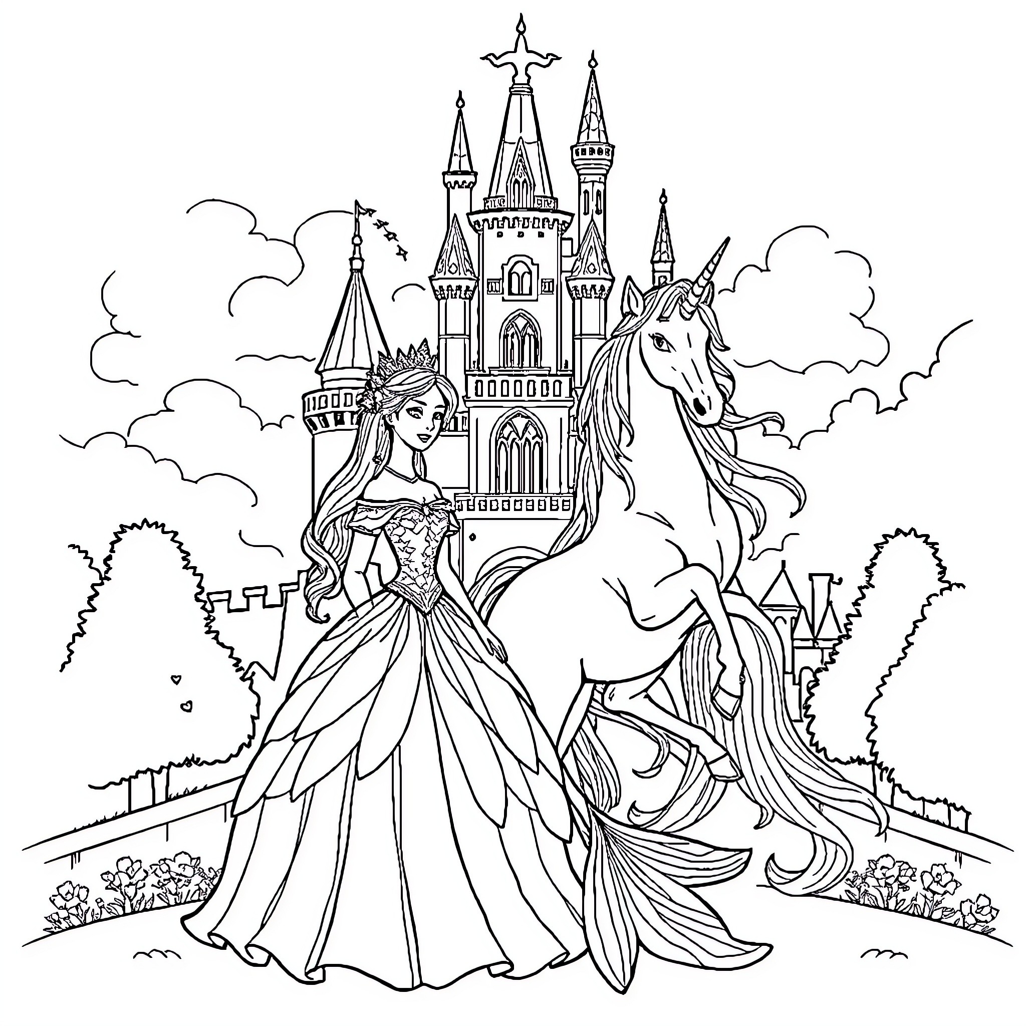 Princess in Majestic Castle with Unicorn Coloring Page (free black-and-white line drawing printable PDF for all, from beginners to advanced learners, including children, teens, adults, and seniors)
