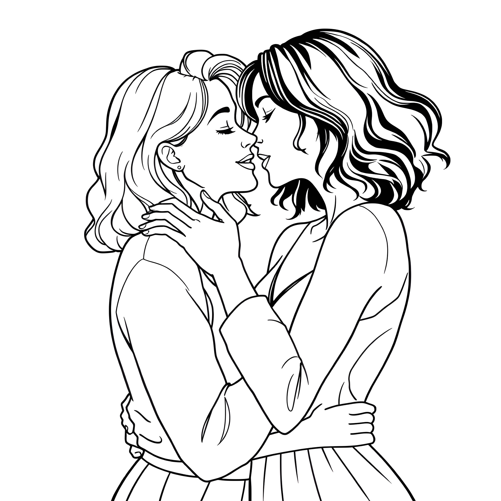 Lesbian Lovers Embracing with Passion Coloring Page (free black-and-white line drawing printable PDF for all, from beginners to advanced learners, including children, teens, adults, and seniors)