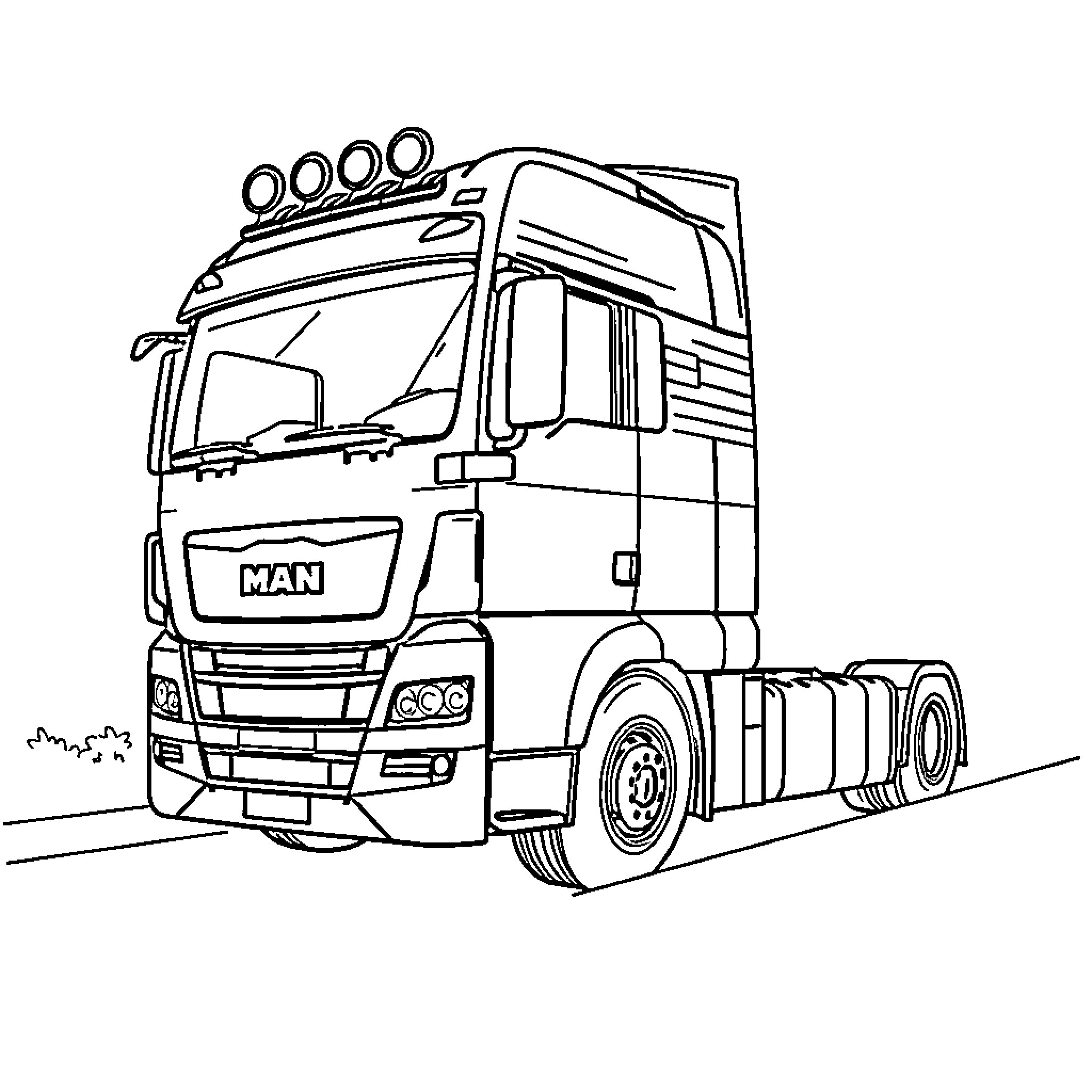 Truck on the road with accessories Coloring Page (free black-and-white line drawing printable PDF for all, from beginners to advanced learners, including children, teens, adults, and seniors)
