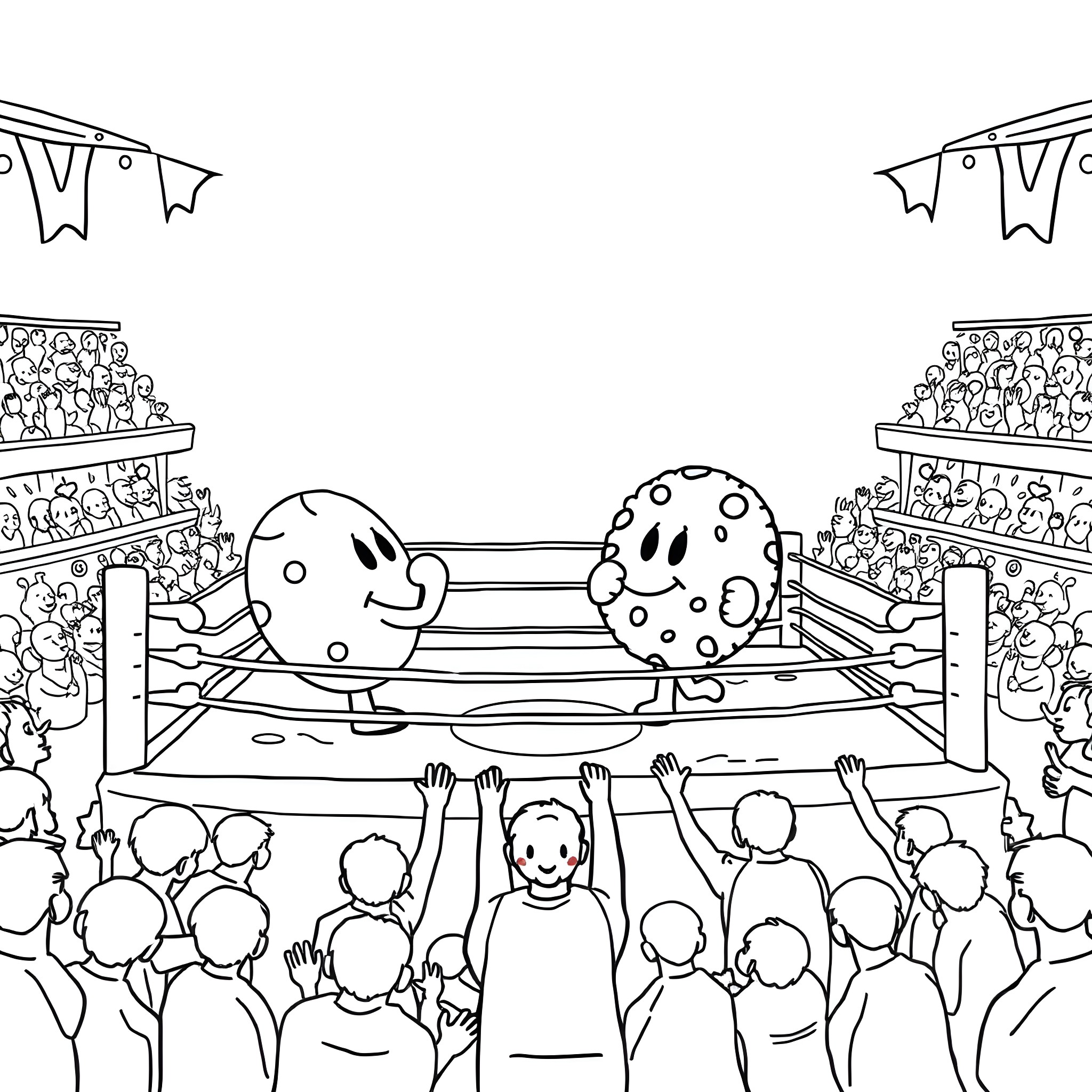 Cookie characters wrestling in a wrestling ring with cheering crowd Coloring Page (free black-and-white line drawing printable PDF for all, from beginners to advanced learners, including children, teens, adults, and seniors)