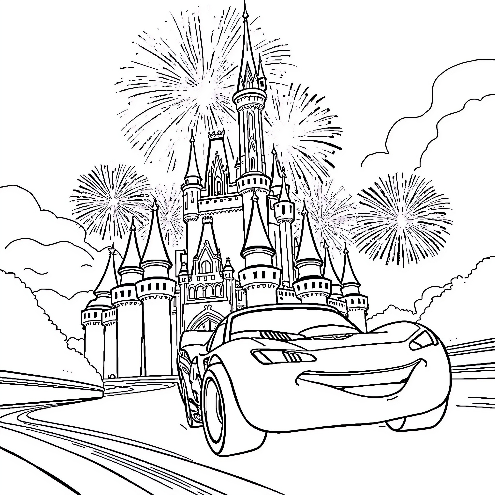 Lightning McQueen visits a magical castle with fireworks Coloring Page (free black-and-white line drawing printable PDF for all, from beginners to advanced learners, including children, teens, adults, and seniors)