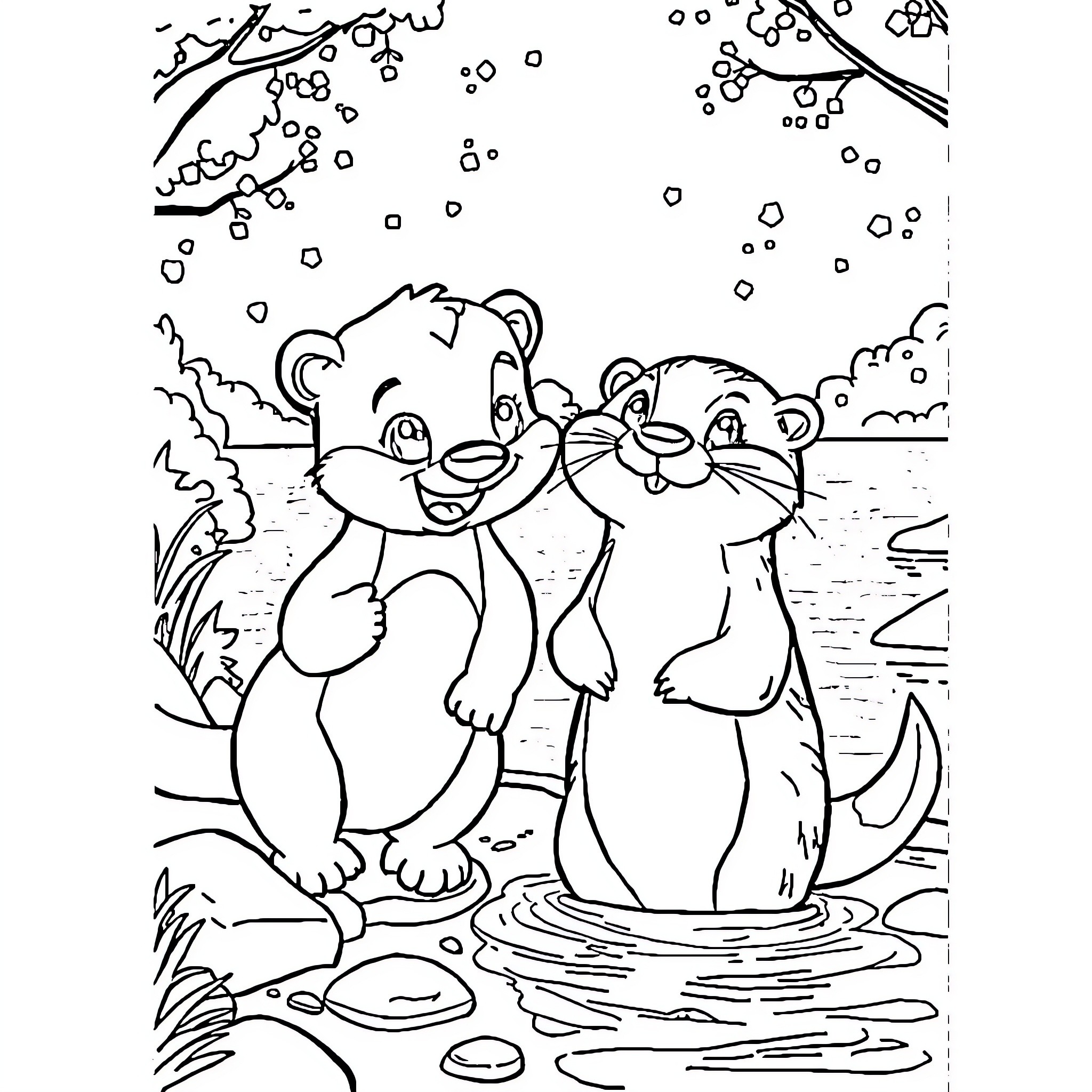 Otter friends playing happily in the water Coloring Page (free black-and-white line drawing printable PDF for all, from beginners to advanced learners, including children, teens, adults, and seniors)