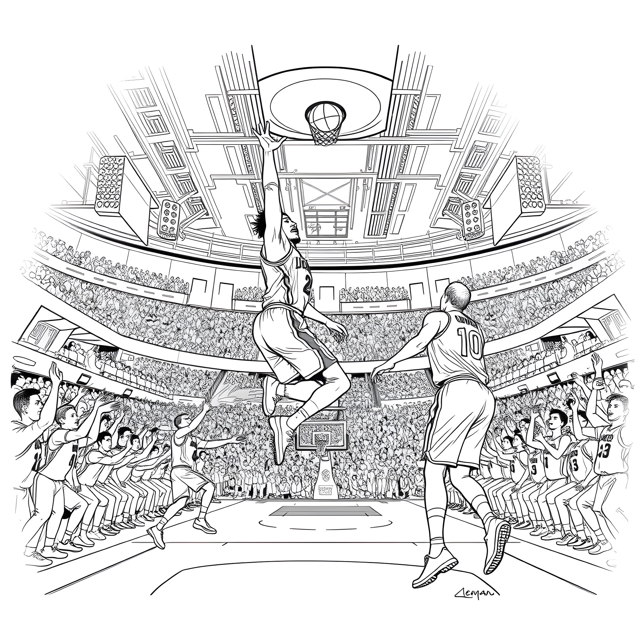 Kawhi Leonard dominates in a high-intensity basketball game Coloring Page (free black-and-white line drawing printable PDF for all, from beginners to advanced learners, including children, teens, adults, and seniors)
