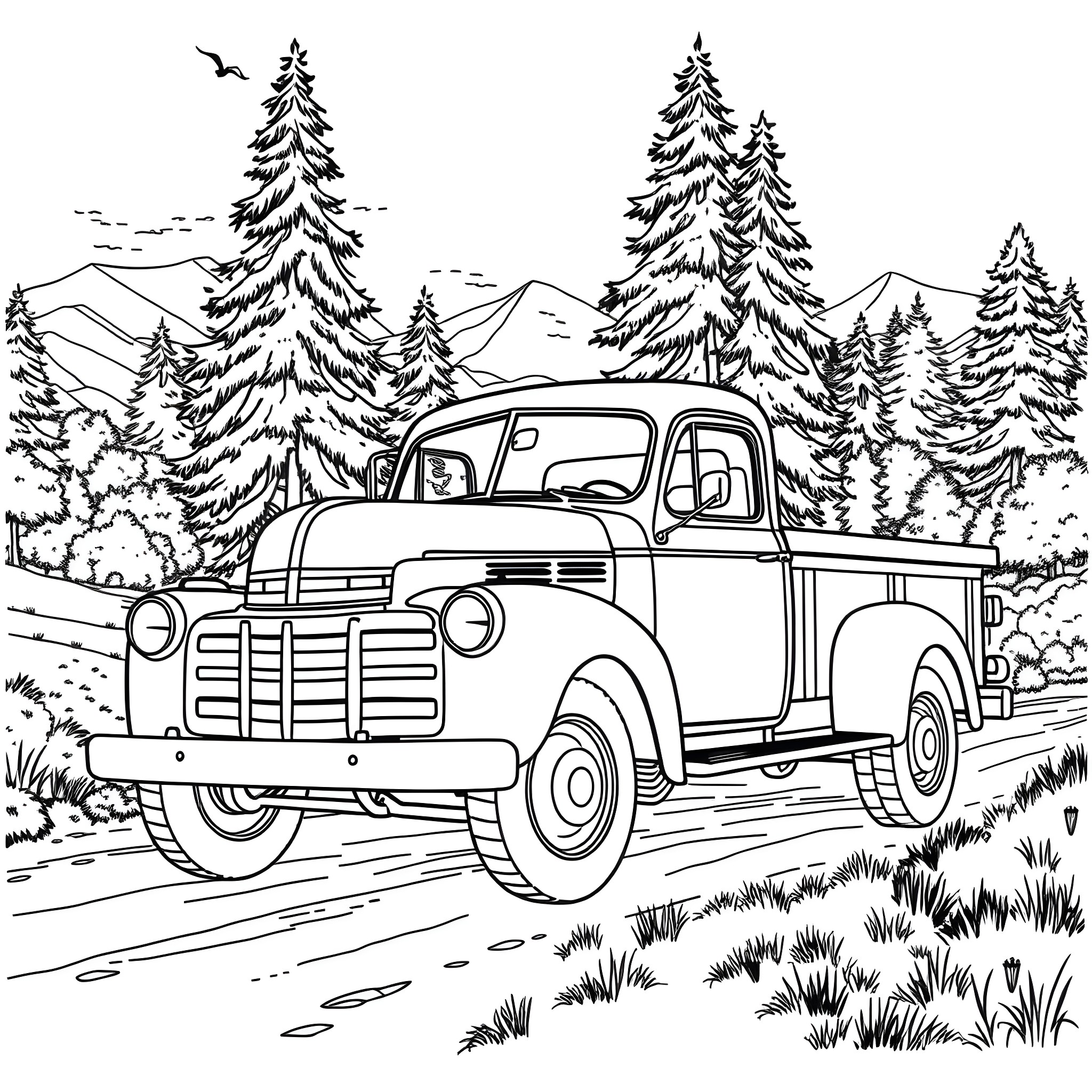 Truck parked in scenic snowy forest landscape Coloring Page (free black-and-white line drawing printable PDF for all, from beginners to advanced learners, including children, teens, adults, and seniors)