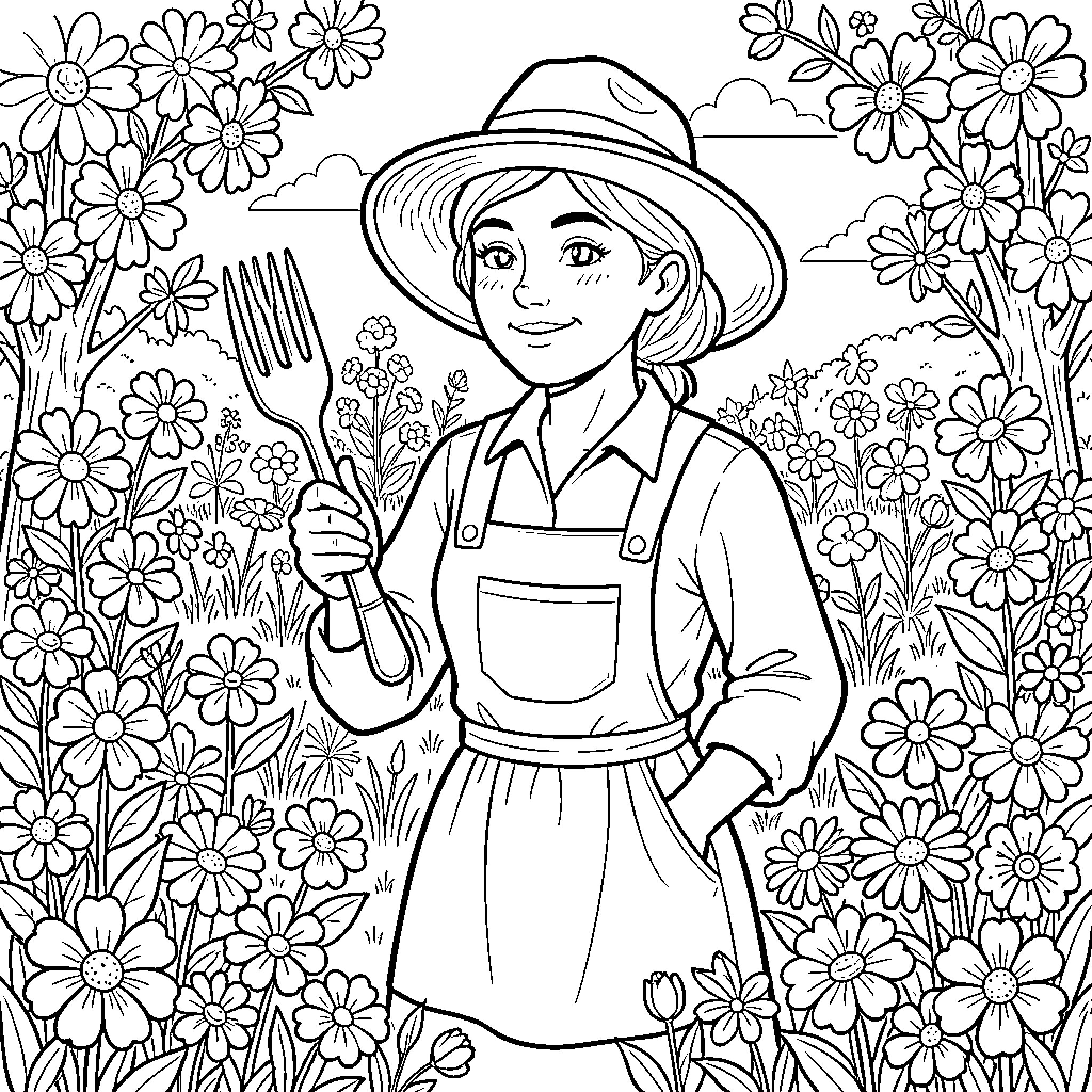 Woman gardener tending to flowers in vibrant garden Coloring Page (free black-and-white line drawing printable PDF for all, from beginners to advanced learners, including children, teens, adults, and seniors)
