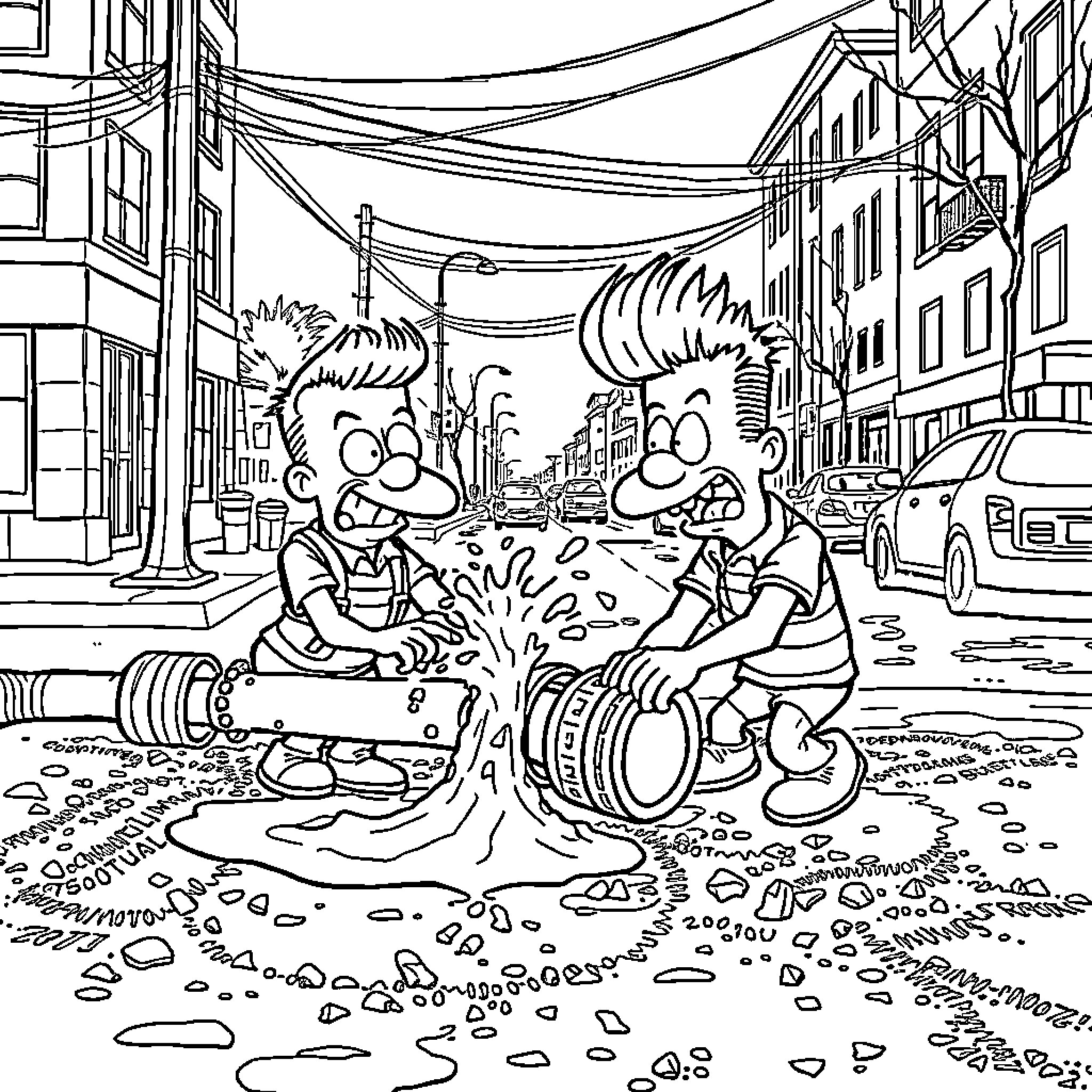 Beavis and Butt-Head's Chaotic Adventure in the City Coloring Page (free black-and-white line drawing printable PDF for all, from beginners to advanced learners, including children, teens, adults, and seniors)