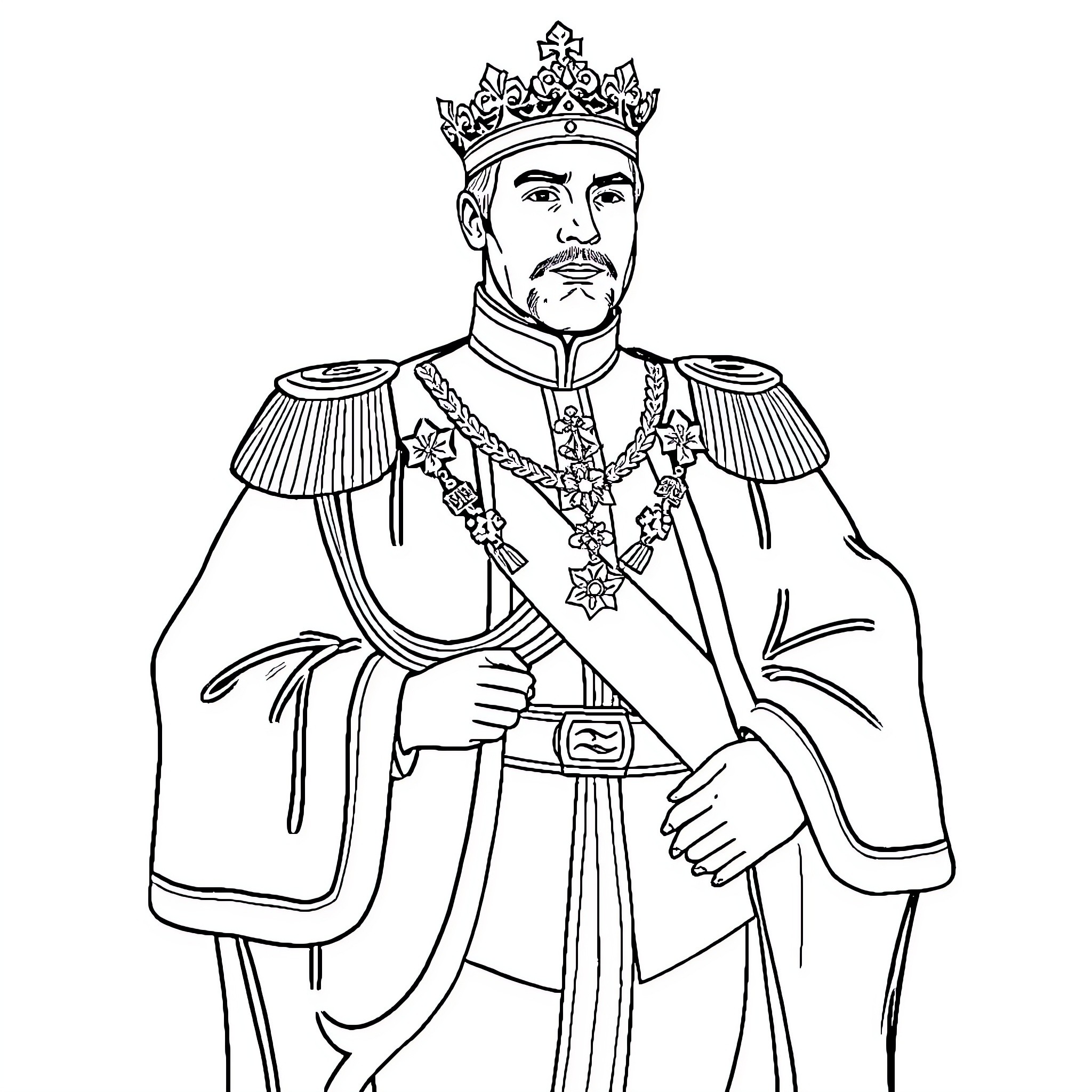 Rey Felipe in Formal Regalia and Regal Attire Coloring Page (free black-and-white line drawing printable PDF for all, from beginners to advanced learners, including children, teens, adults, and seniors)