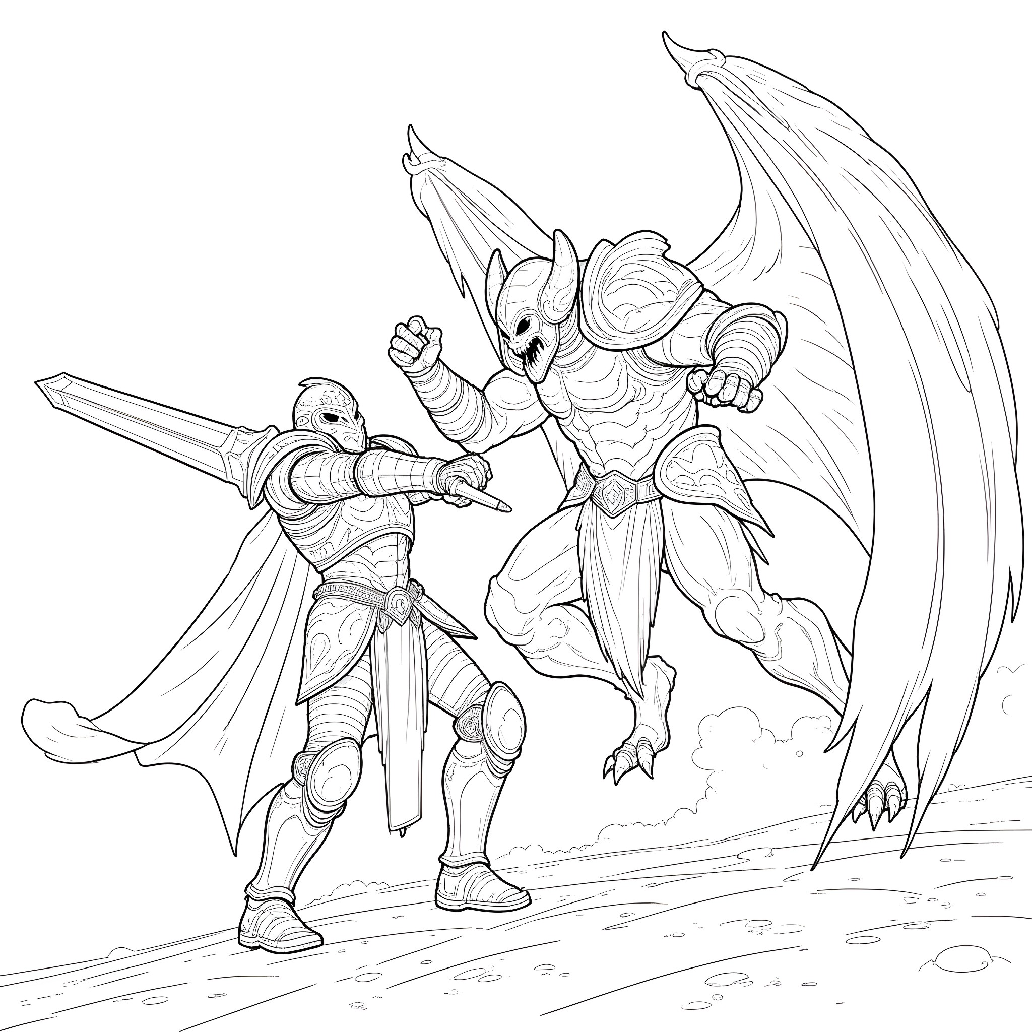 Doomslayer battles a demonic creature in an epic clash Coloring Page (free black-and-white line drawing printable PDF for all, from beginners to advanced learners, including children, teens, adults, and seniors)