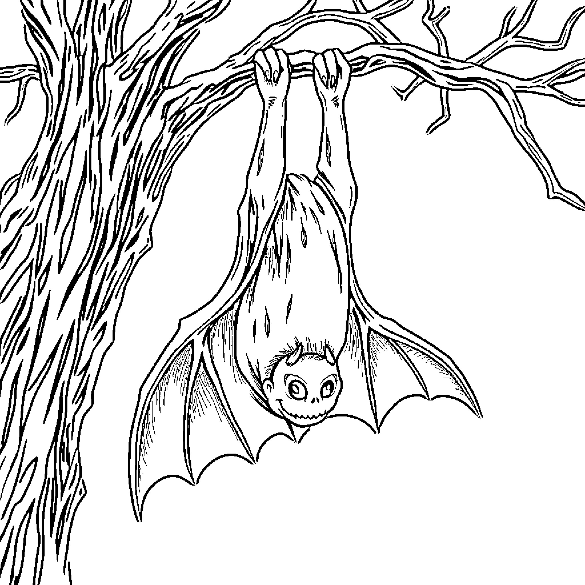 Bat hanging upside down on a spooky tree Coloring Page (free black-and-white line drawing printable PDF for all, from beginners to advanced learners, including children, teens, adults, and seniors)