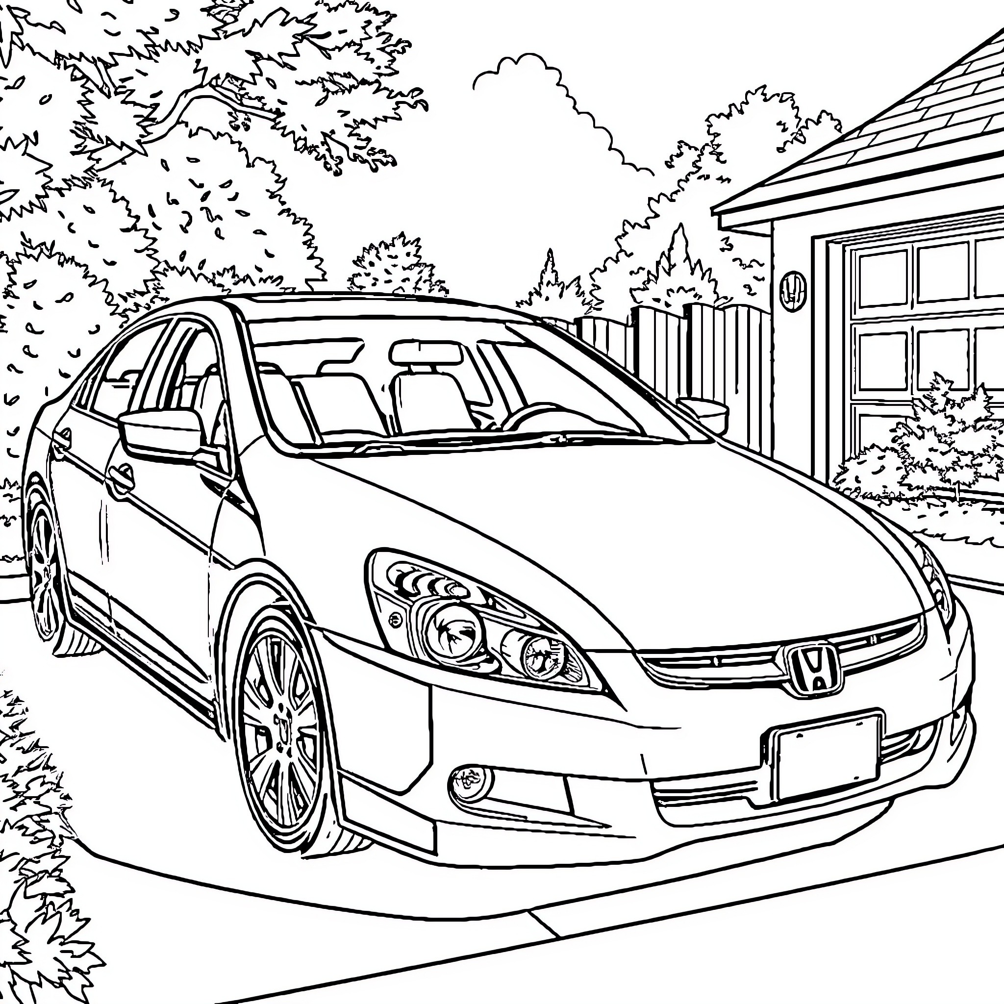 Honda Accord parked in a scenic neighborhood Coloring Page (free black-and-white line drawing printable PDF for all, from beginners to advanced learners, including children, teens, adults, and seniors)